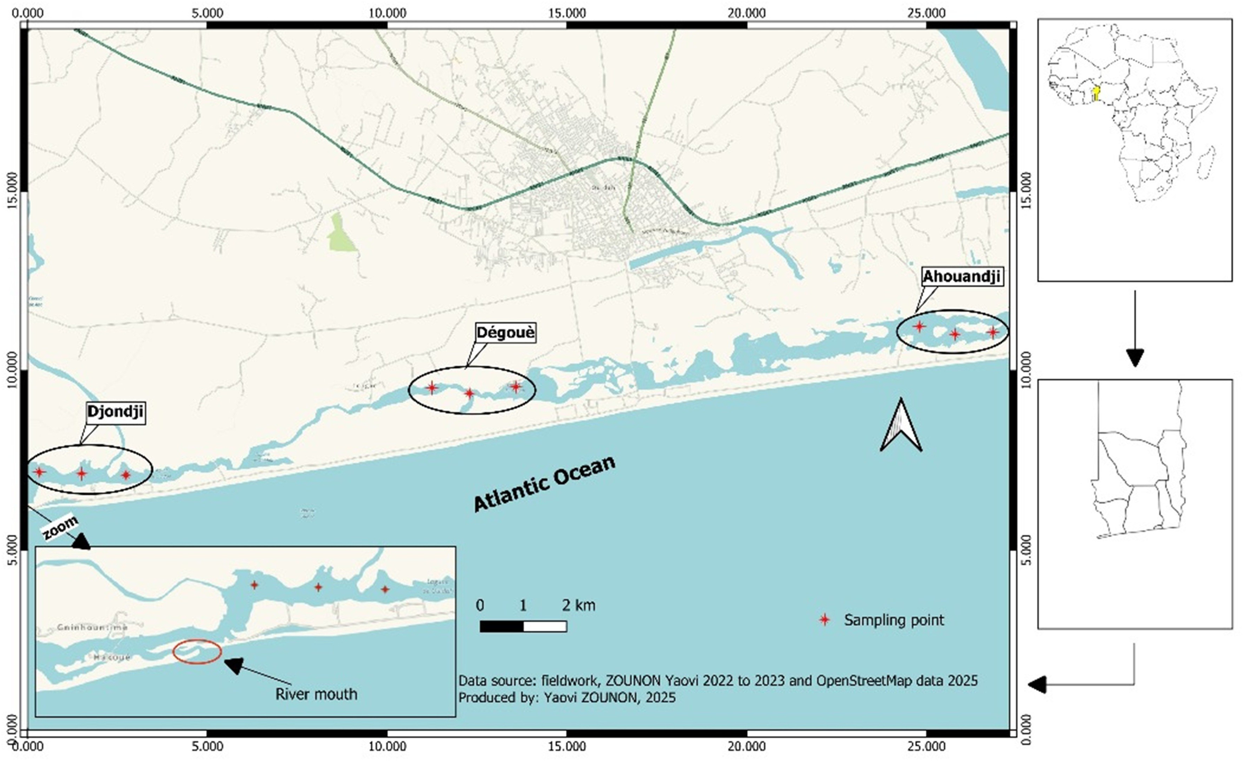 Map showing a coastal region along the Atlantic Ocean with sampling points and watercourses marked. Includes a zoomed inset of the river mouth. Insets on the right highlight the area's location within Africa. Scale and data source information are included.