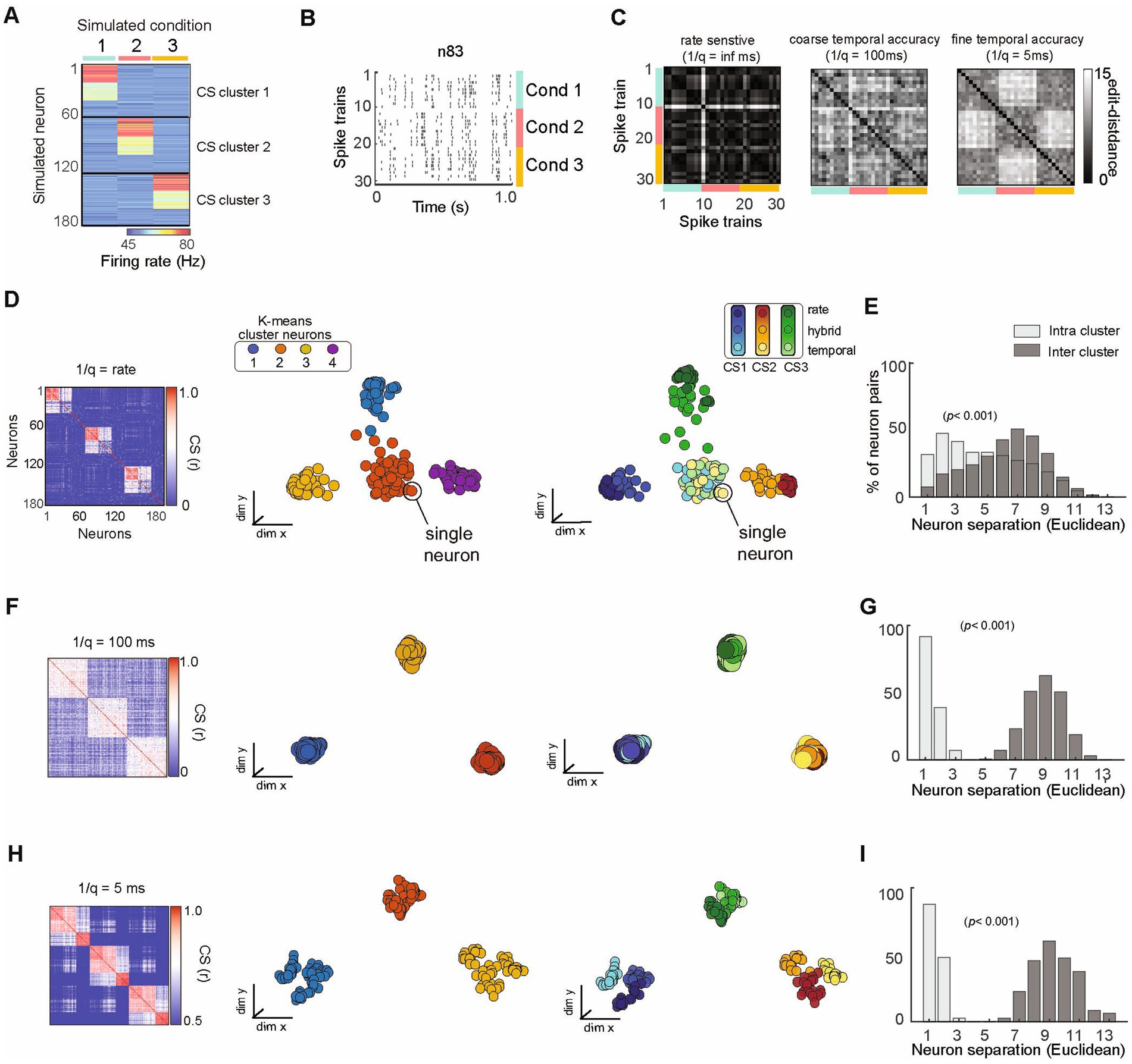 Diagram showing neural data analysis through heatmaps, spike train plots, clustering, and distance histograms. Panel A: Heatmap of firing rates for three simulation conditions. Panel B: Spike trains over time for different conditions. Panel C: Three distance matrices for rate sensitive and temporal accuracy at different scales. Panel D: Clustering of neurons visualized with t-SNE plots and a distance matrix. Panel E: Histogram of neuron pair separations. Panels F, G, H, I: Similar analyses with different temporal resolutions, showing heatmaps, clustering, and separation histograms.