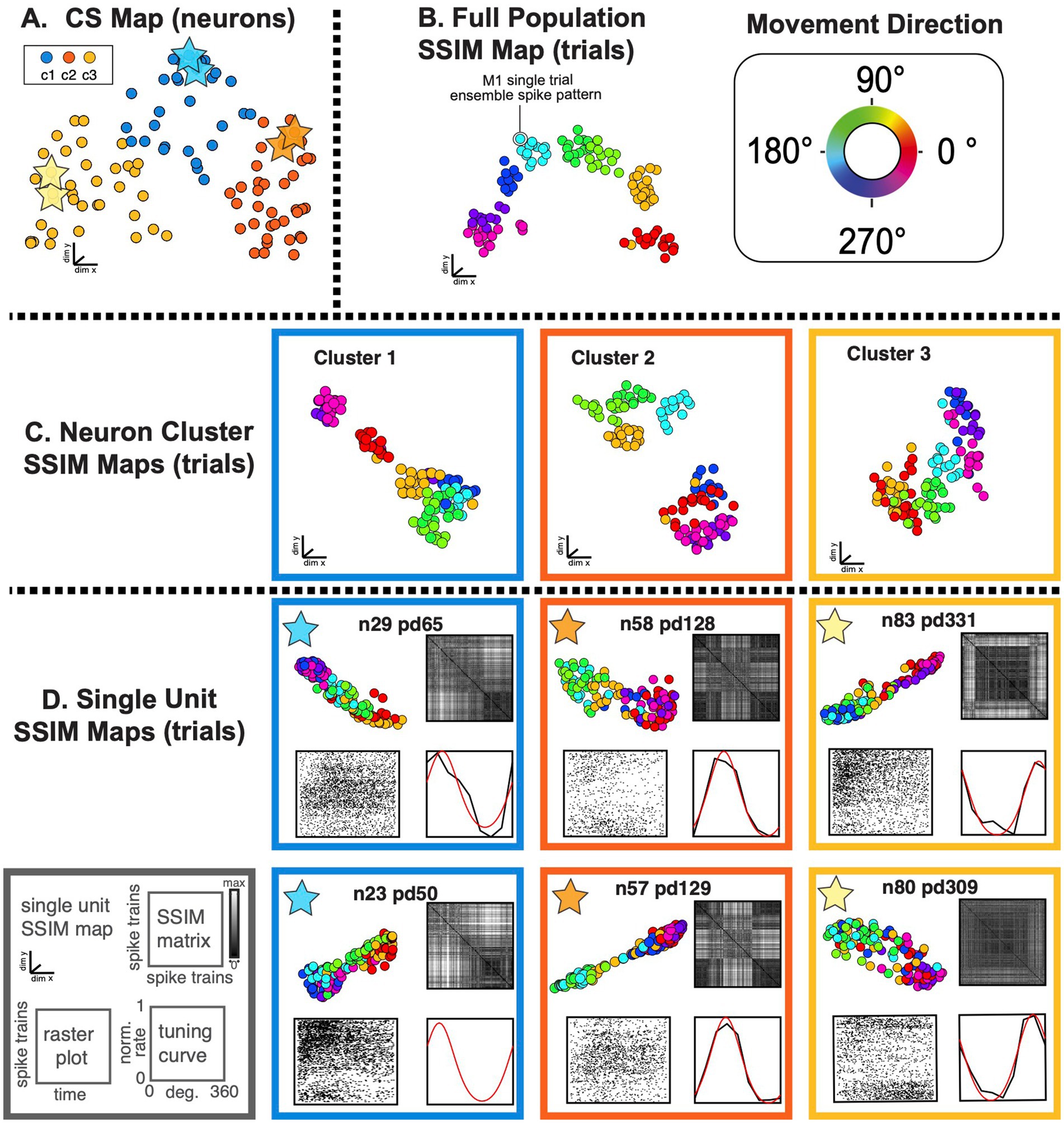 Diagram depicting MI neural data analysis across multiple panels. Panel A shows the CS map of neurons with color-coded clusters. Panel B displays the full population SSIM map with trials represented by circles colored according to movement direction. A wheel illustrates movement direction. Panel C highlights neuron cluster SSIM maps for three clusters, each within a colored frame. Panel D presents single unit SSIM maps for individual neurons, depicting detailed data including SSIM matrices, raster plots, and tuning curves with color-coded backgrounds.