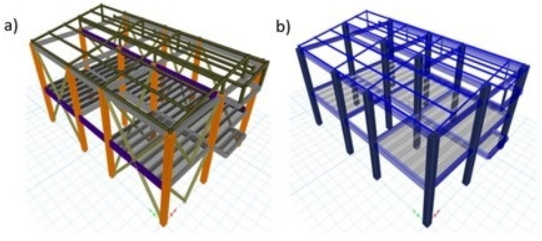 Two architectural wireframe models of buildings. a) Features a structure with orange vertical supports and green horizontal beams. b) Displays a similar structure with blue supports. Both depict multi-story frameworks on a grid.