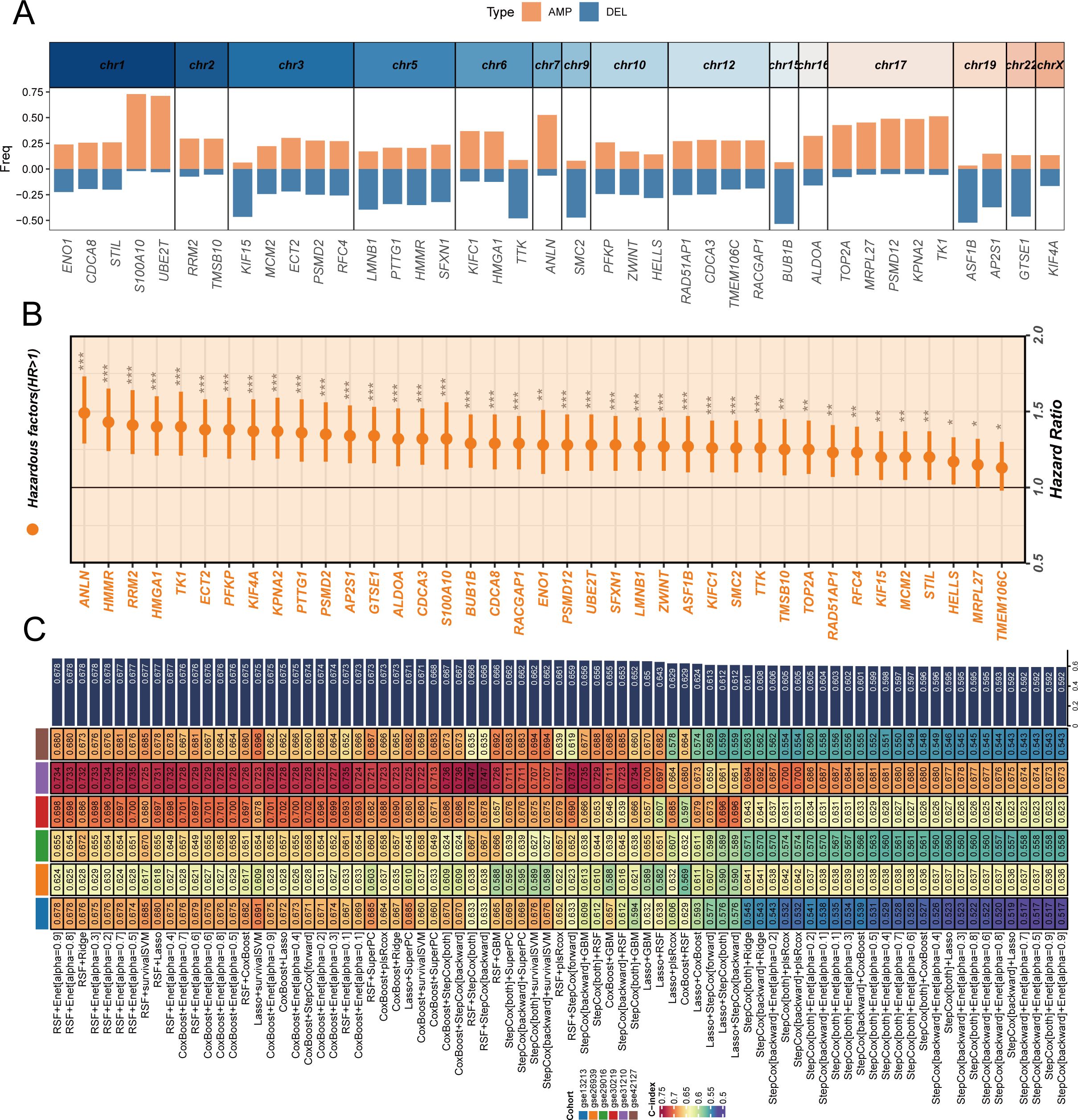 Panel A is a bar chart displaying amplification (AMP) and deletion (DEL) frequencies across various chromosomes. Panel B is a forest plot showing hazard ratios with confidence intervals for multiple factors. Panel C is a heatmap illustrating the correlation of different genetic factors across various conditions, with a color gradient indicating levels from low to high.