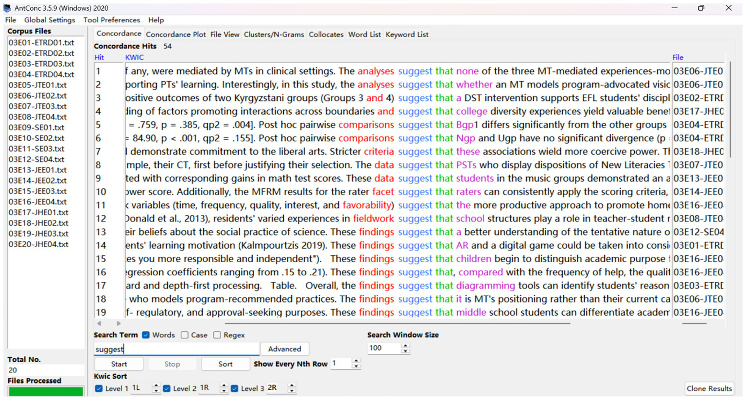 A screenshot of the AntConc software interface showing various text files opened on the left side, labeled with file names. The center pane displays a concordance list with the word "suggest" highlighted, showing its occurrences in different contexts from the files. Concordance hits are organized by line numbers, showing snippets of text with "suggest" in various colors, indicating different contexts or analyses. The lower part of the interface features search settings and options for sorting and filtering results.