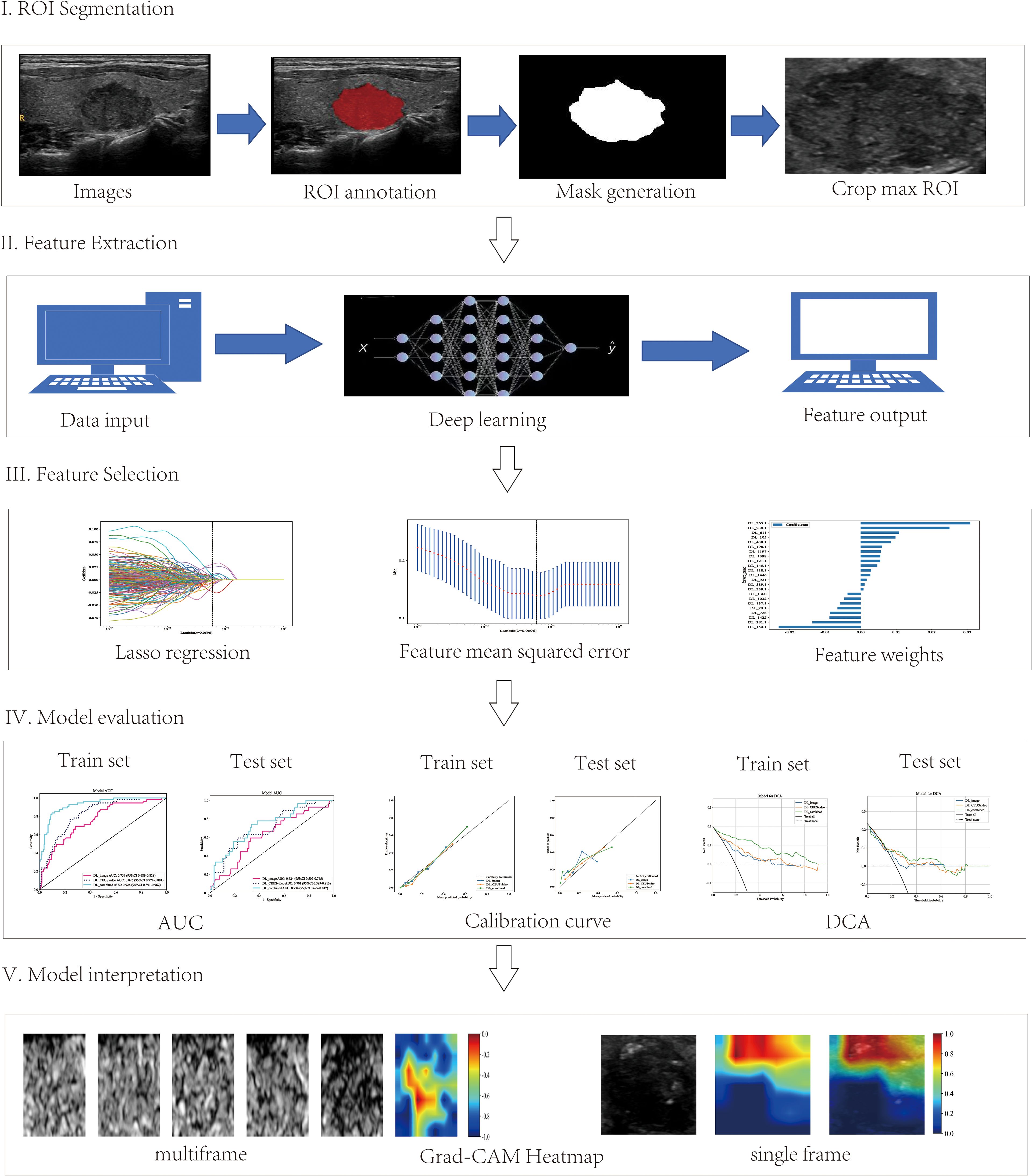 Flowchart depicting a machine learning pipeline for image analysis. I. ROI Segmentation: Sequential images show raw images, ROI annotation, mask generation, and cropping. II. Feature Extraction: Data input and deep learning process lead to feature output. III. Feature Selection: Graphs illustrate lasso regression, mean squared error, and feature weights. IV. Model Evaluation: Graphs for train and test sets, showing AUC, calibration curves, and DCA. V. Model Interpretation: Multiframe images, Grad-CAM heatmap, and single frame are displayed for interpretation.