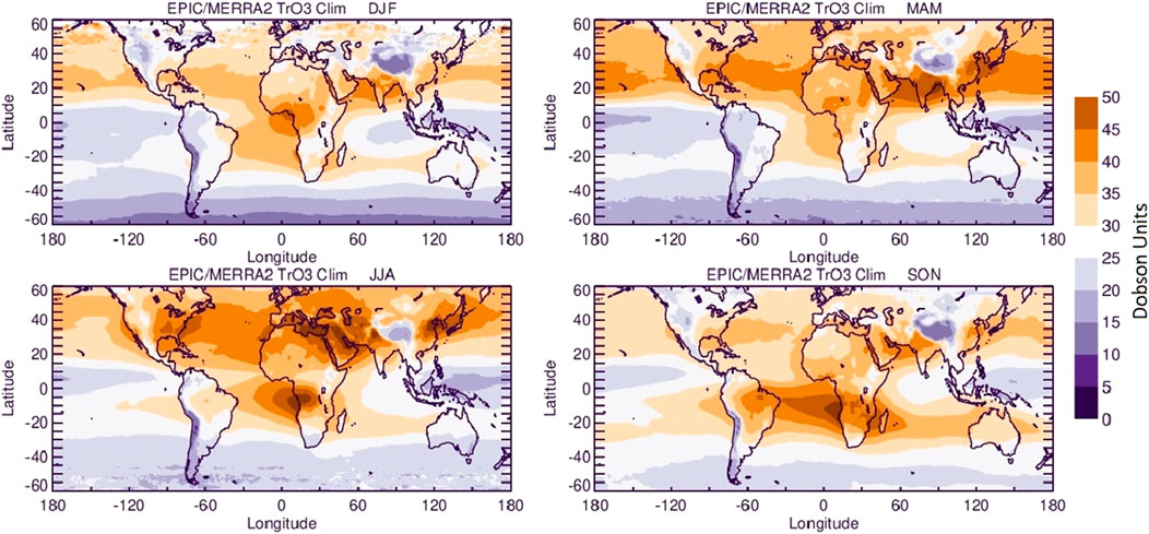 Global maps showing seasonal climatology of tropospheric ozone from the EPIC/MERRA2 data set. Four panels represent different seasons: DJF (top-left), MAM (top-right), JJA (bottom-left), and SON (bottom-right). Color gradients indicate variations in Dobson Units, ranging from low (purple tones) to high (orange tones).
