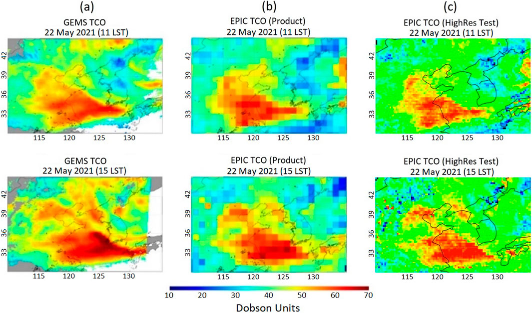 Topographic maps showing tropospheric column ozone (TCO) over a region on 22 May 2021 at 11 LST and 15 LST. Panel (a) shows data from GEMS, panel (b) from EPIC TCO Product, and panel (c) from EPIC TCO HighRes Test. Colors range from blue to red, indicating ozone levels, with a scale from 10 to 70 Dobson Units.