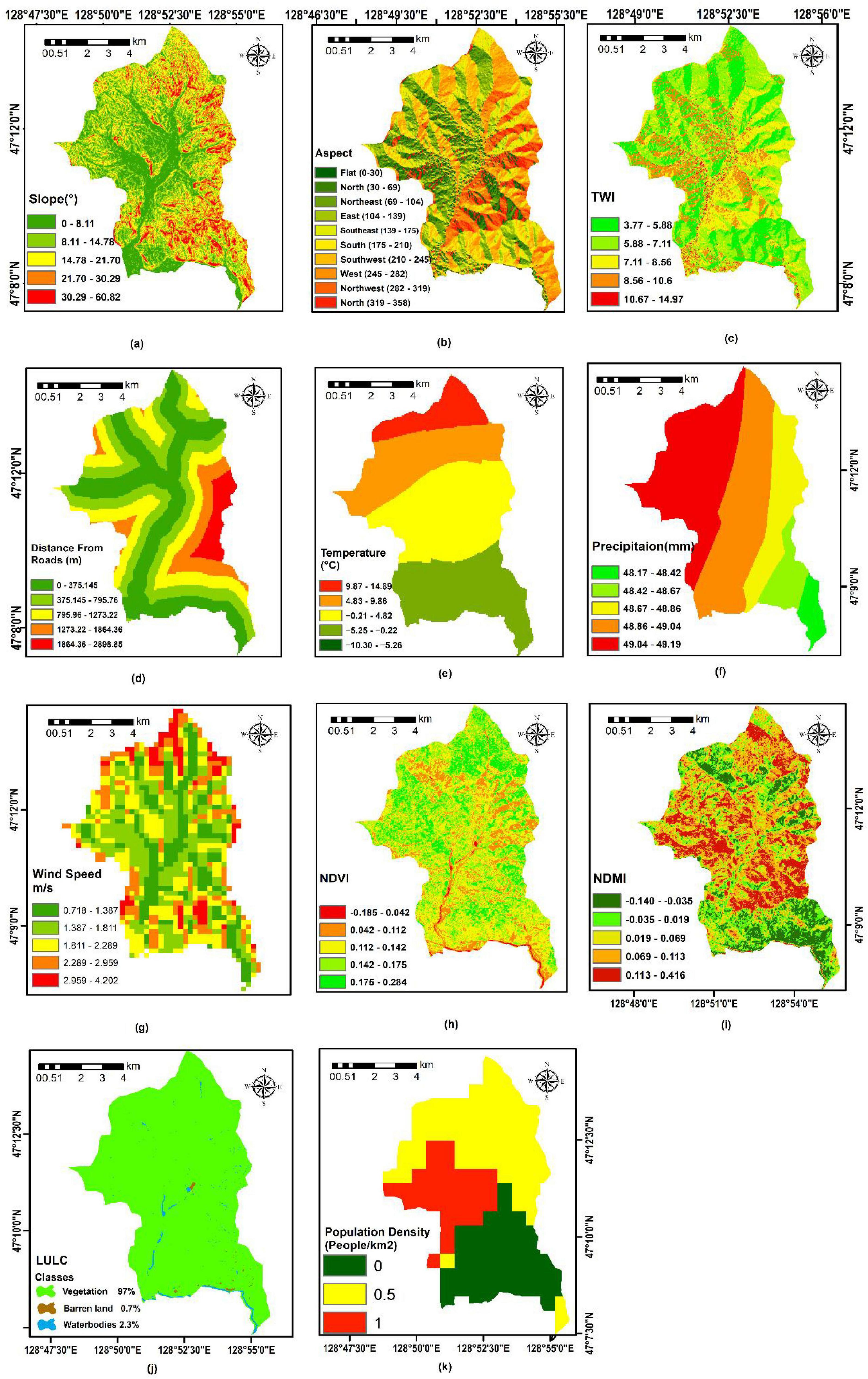 Twelve geographic and environmental maps showing various geospatial analyses for a region. Panels (a) to (l) represent different data types: (a) Slope, (b) Aspect, (c) Topographic Wetness Index (TWI), (d) Distance from roads, (e) Temperature, (f) Precipitation, (g) Wind speed, (h) Normalized Difference Vegetation Index (NDVI), (i) Normalized Difference Moisture Index (NDMI), (j) Land Use and Land Cover (LULC), and (k) Population density. Each map includes a color-coded legend, compass, and scale bar to indicate variations in the data represented, covering factors like elevation, climate, vegetation, and human activity.
