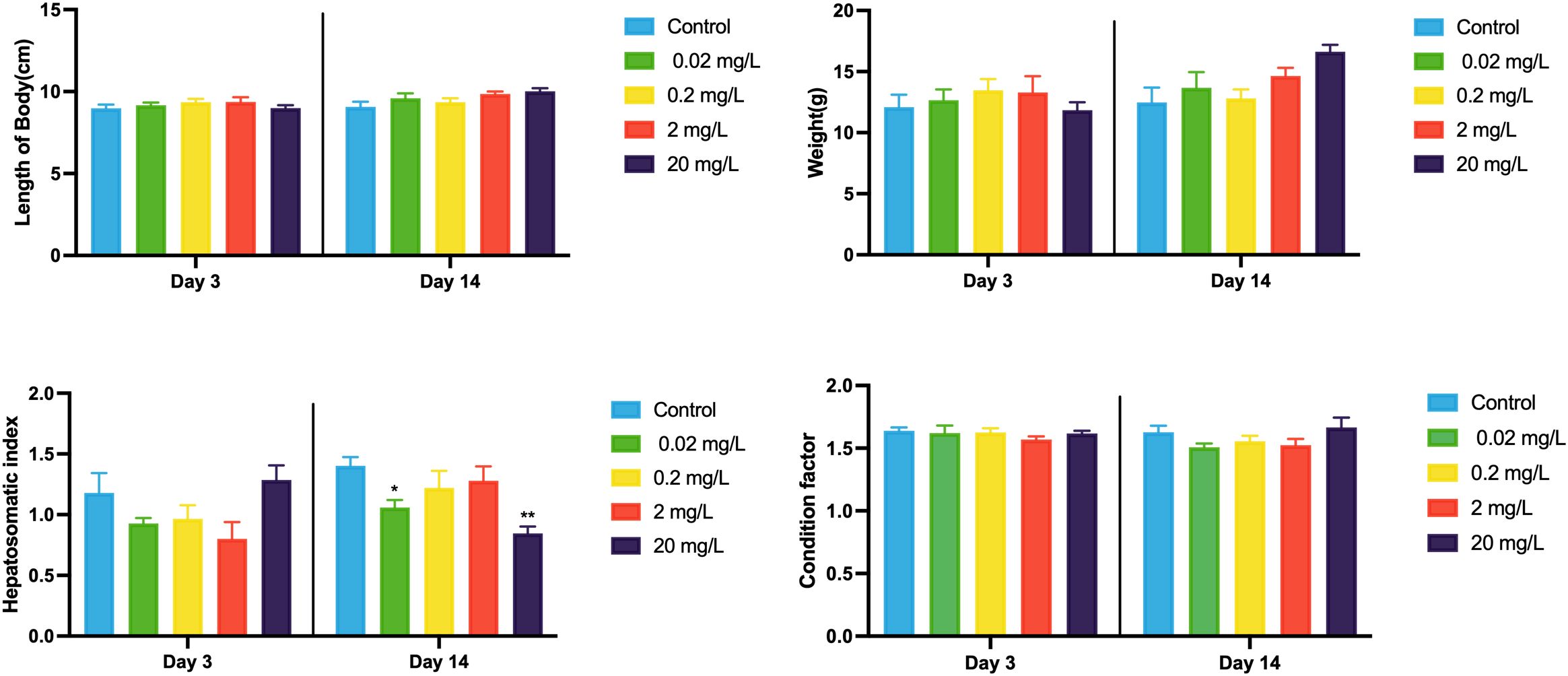 Four bar charts show the effects of different concentrations of a substance on fish. The top left chart shows body length over 14 days, the top right shows weight, the bottom left shows hepatosomatic index with significant differences on Day 14, and the bottom right shows condition factor. Concentrations are represented by different colors: control (blue), 0.02 mg/L (green), 0.2 mg/L (yellow), 2 mg/L (red), and 20 mg/L (purple).