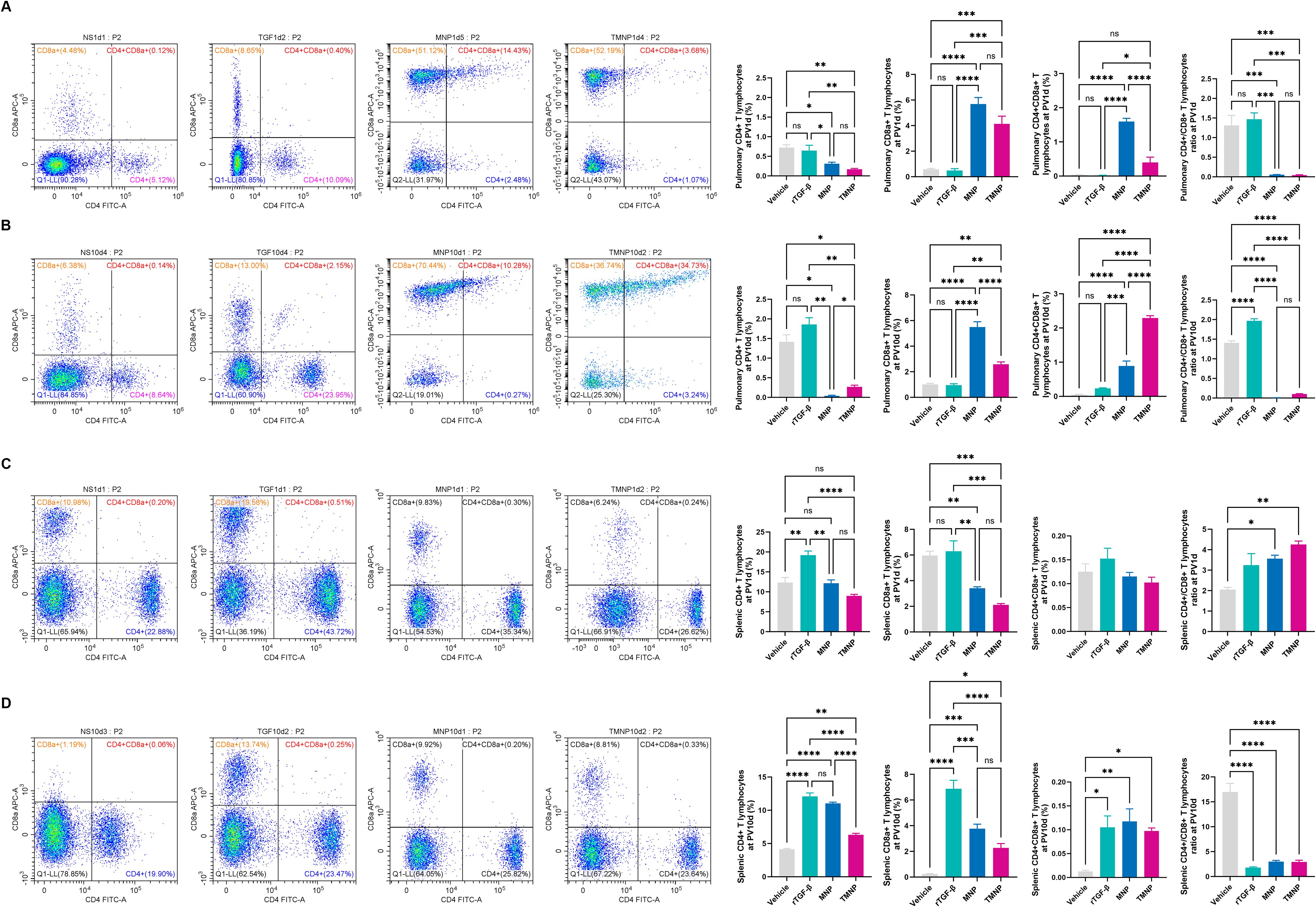 Scatter plots and bar graphs comparing immune responses across four panels (A-D). Each panel includes four scatter plots representing cell populations marked CD8a and CD4 based on fluorescence intensity. Adjacent bar graphs depict quantitative analysis of CD4+ and CD8+ T-cell subtypes, measuring variations in different treatment groups labeled as Vehicle, TGFb, MNP, and TMNP. Statistical significance is indicated with asterisks, with annotations such as ns, *, **, ***, and ****. The panels compare data across pulmonary and splenic CD4+ T-cell responses, highlighting variations and statistical differences.