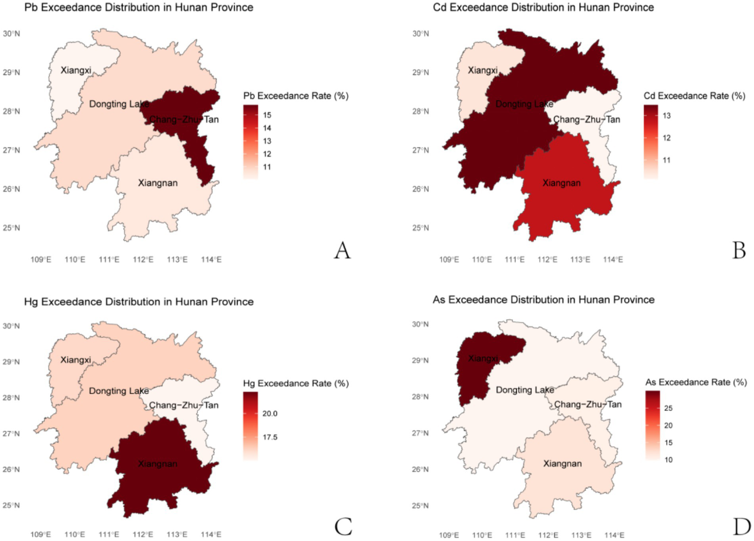 Four maps show exceedance distribution rates for different elements in Hunan Province: A) Lead (Pb) with highest rates in central areas, B) Cadmium (Cd) concentrated north, C) Mercury (Hg) in the south, and D) Arsenic (As) predominantly northwest. Color gradients indicate exceedance levels.