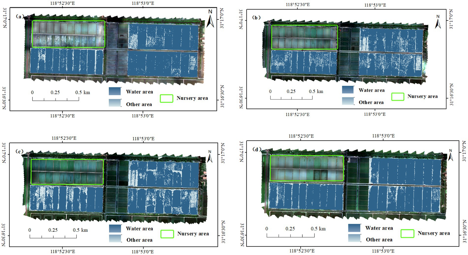 A set of four drone images labeled a, b, c, and d, depicting a landscape with water and other areas. Each image shows a marked nursery area outlined in green. Water areas are indicated in dark blue, while other areas are depicted in light blue. The map includes coordinates, a north arrow for orientation, and a scale bar indicating distances of 0.25 kilometers and 0.5 kilometers.
