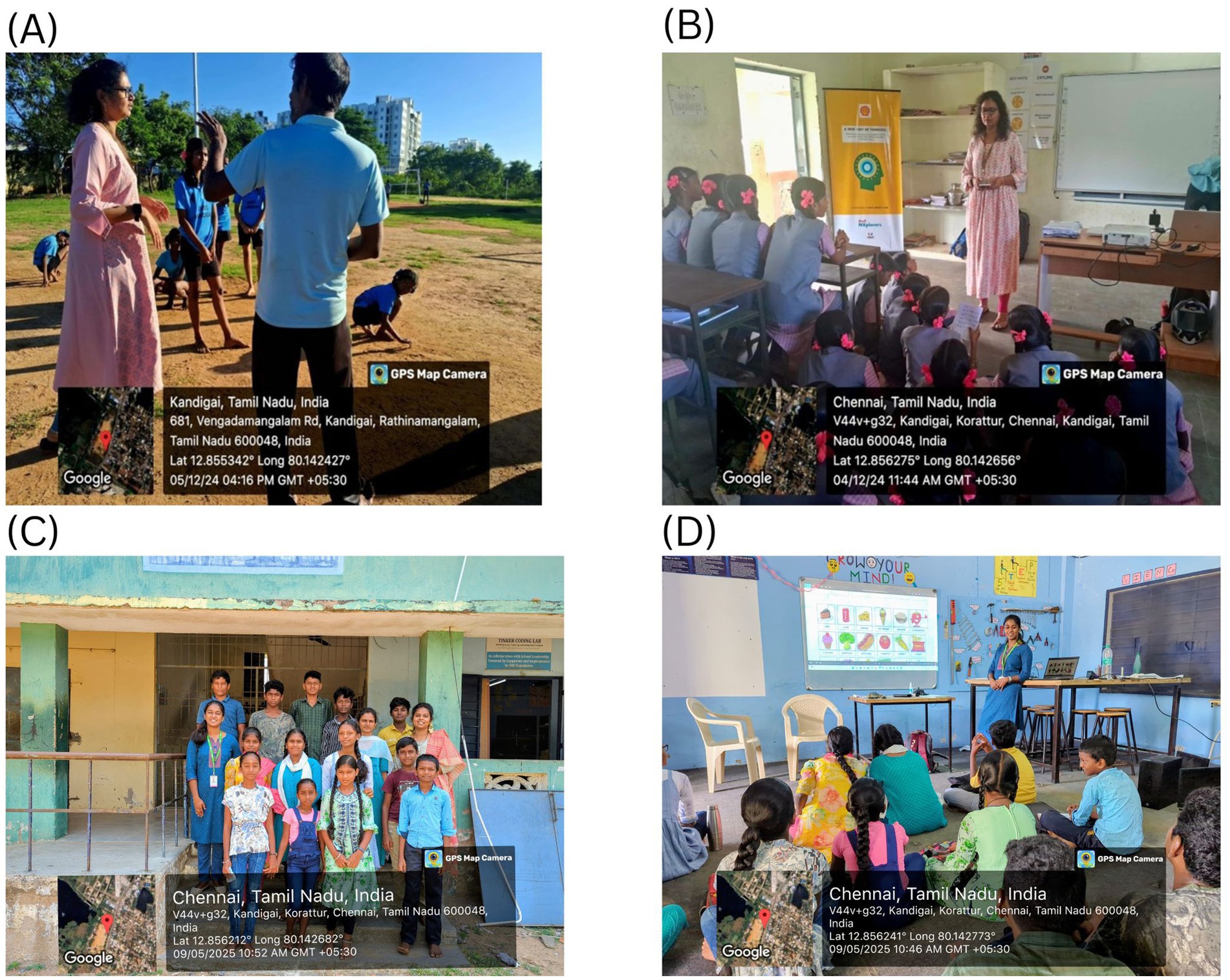 (A) Outdoor scene with two adults speaking, surrounded by children on a sports field. (B) Classroom with teacher interacting with students seated at desks. (C) Group of children and adults posing outside a building entrance. (D) Classroom where a teacher presents to seated children, with visual aids displayed on a board. Each image includes a GPS location overlay indicating locations in Tamil Nadu, India.