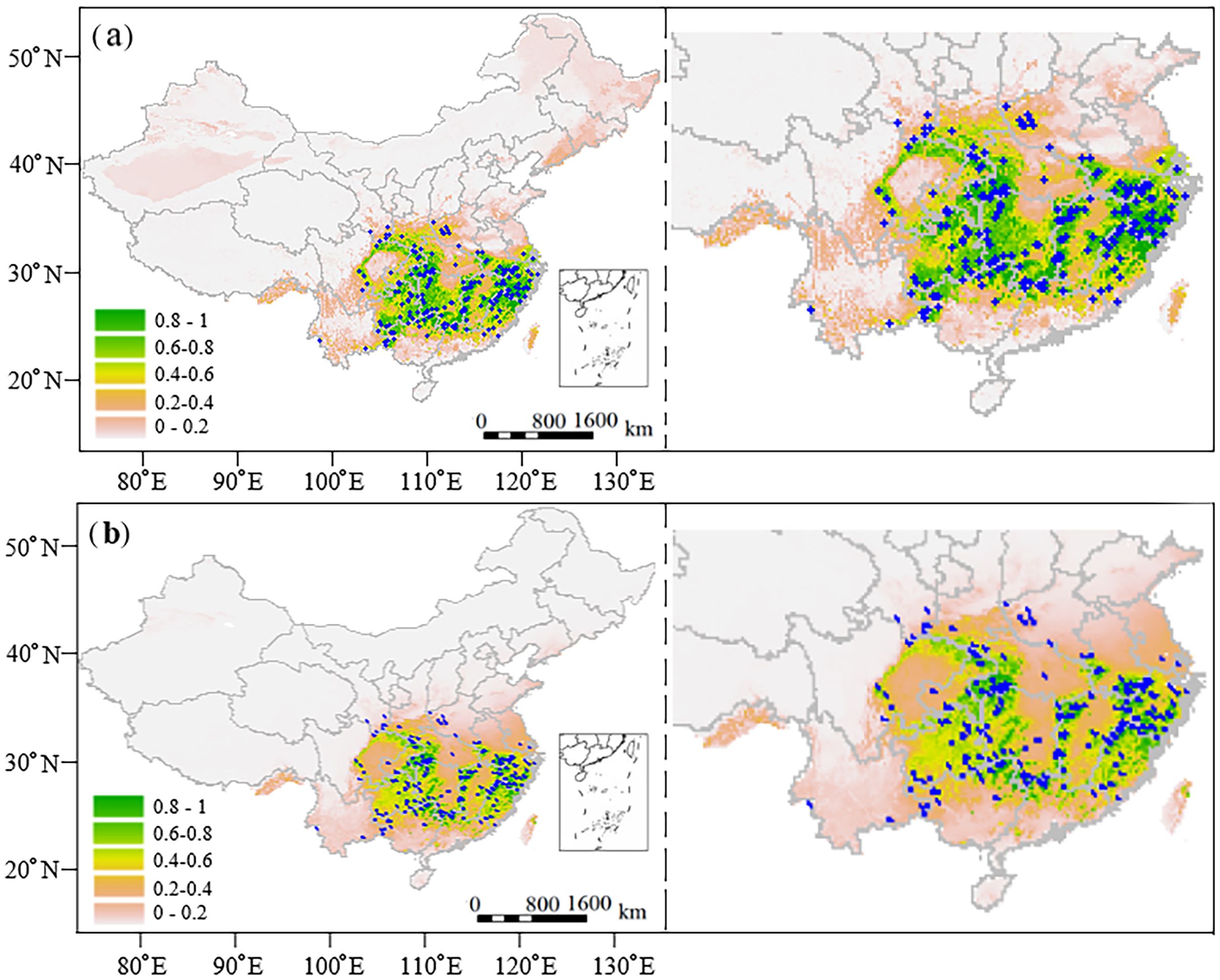 Two maps of China showing vegetation index variations. Map (a) and (b) are divided by color gradations; green to pink indicating higher to lower vegetation indices. Blue triangles mark observation sites. Insets provide overall map location context. Both maps use a scale of zero to eight hundred kilometers.