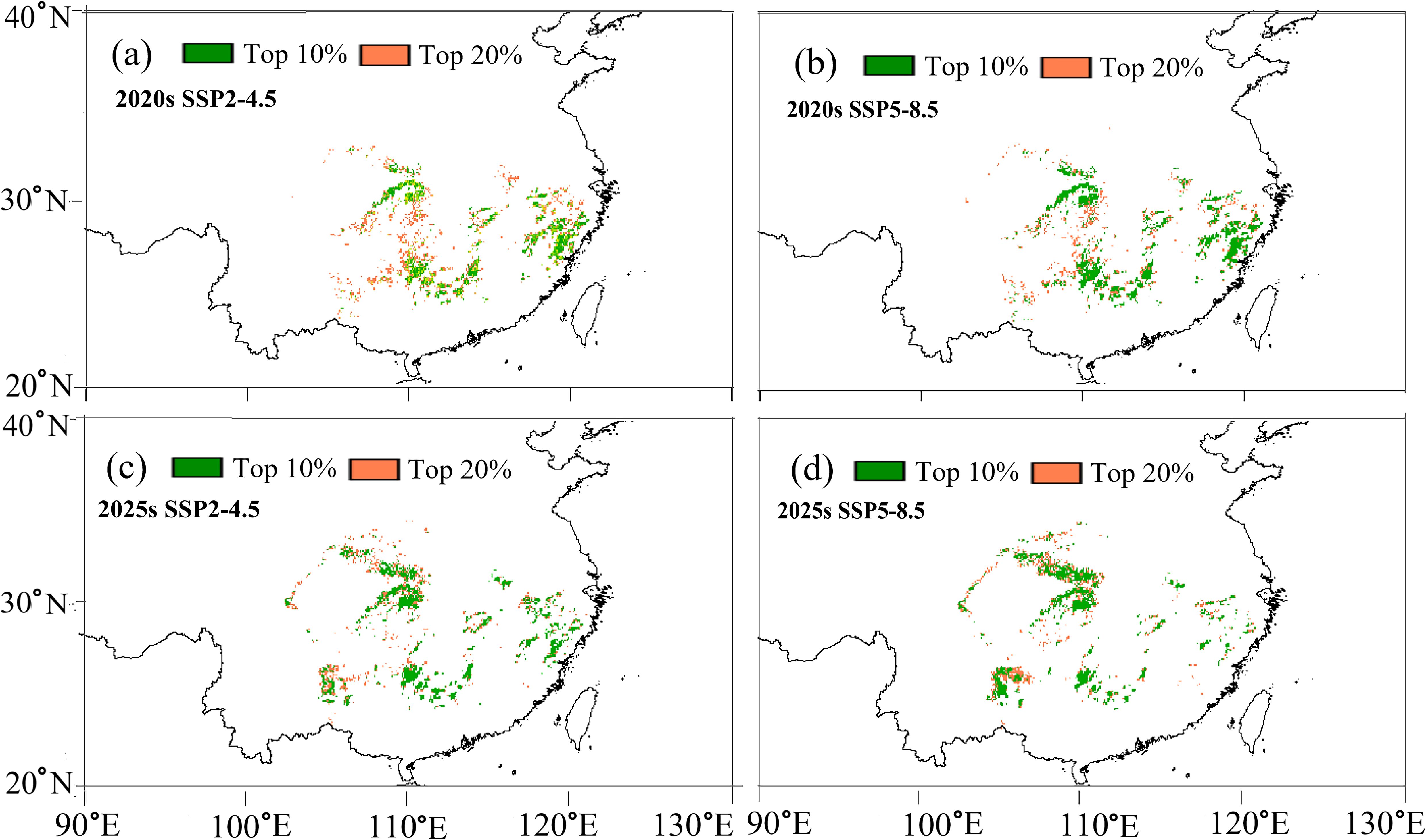 Four maps of China depict predicted top 10% and 20% areas for two scenarios. Panels (a) and (b) illustrate SSP2-4.5 and SSP5-8.5 for the 2020s, respectively. Panels (c) and (d) show SSP2-4.5 and SSP5-8.5 for the 2025s. Green indicates the top 10% and orange represents the top 20% areas.