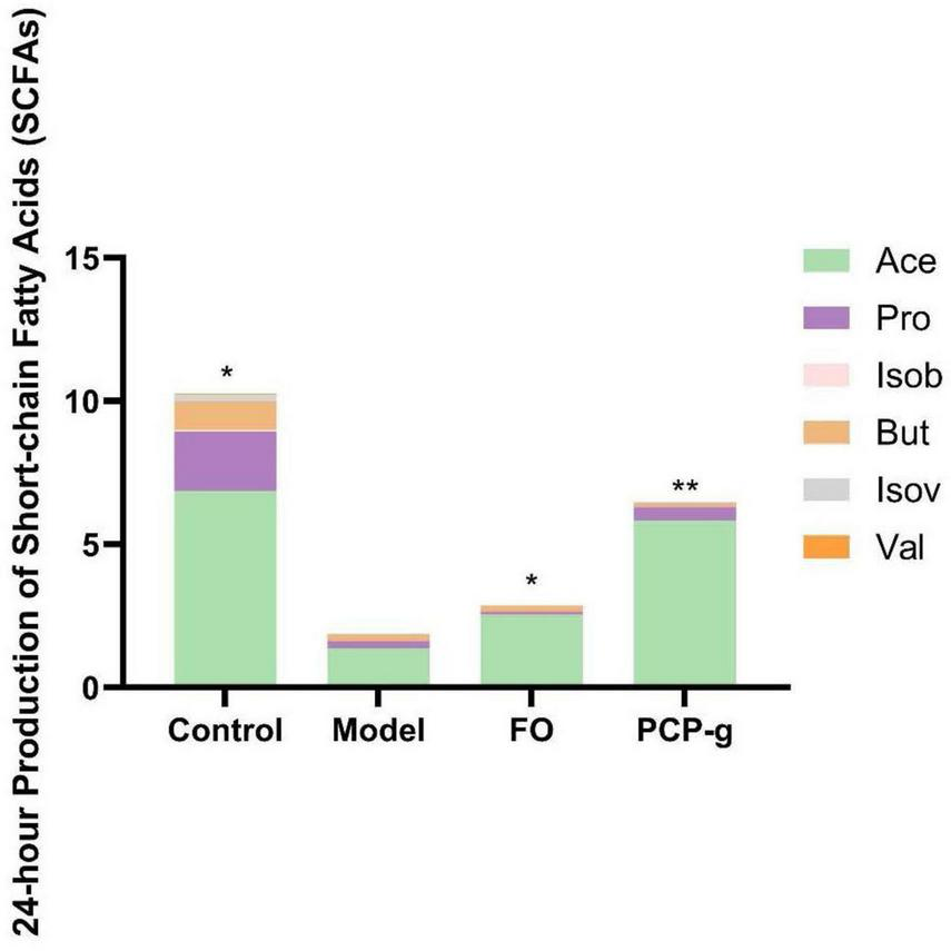 Bar graph comparing 24-hour short-chain fatty acid (SCFA) production across four groups (Control, Model, FO, PCP-g). Model shows significant reductions in acetic, propionic, and butyric acid yields versus Control. PCP-g and FO supplementation elevate acetic acid production relative to Model, with asterisks denoting statistical significance (p<0.05). The legend identifies SCFAs: Ace,Pro, Isob, But, Isov, Val.