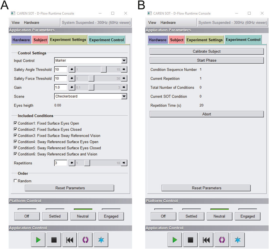 Panel A shows the control settings of the CAREN SOT D-Flow Runtime Console, including input control type, safety thresholds, gain, scene setup, included conditions, repetitions, and reset parameters. Panel B displays subject calibration and start phase settings, condition sequence, current repetition, total conditions, current SOT condition, repetition time, and abort option. Both panels include platform and application control buttons.