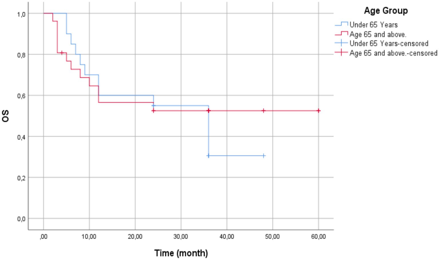 Kaplan-Meier survival curve comparing overall survival (OS) times for two age groups: under 65 years (blue line) and 65 years and above (red line). Censored data points are marked with crosses. The x-axis represents time in months, and the y-axis represents survival probability.