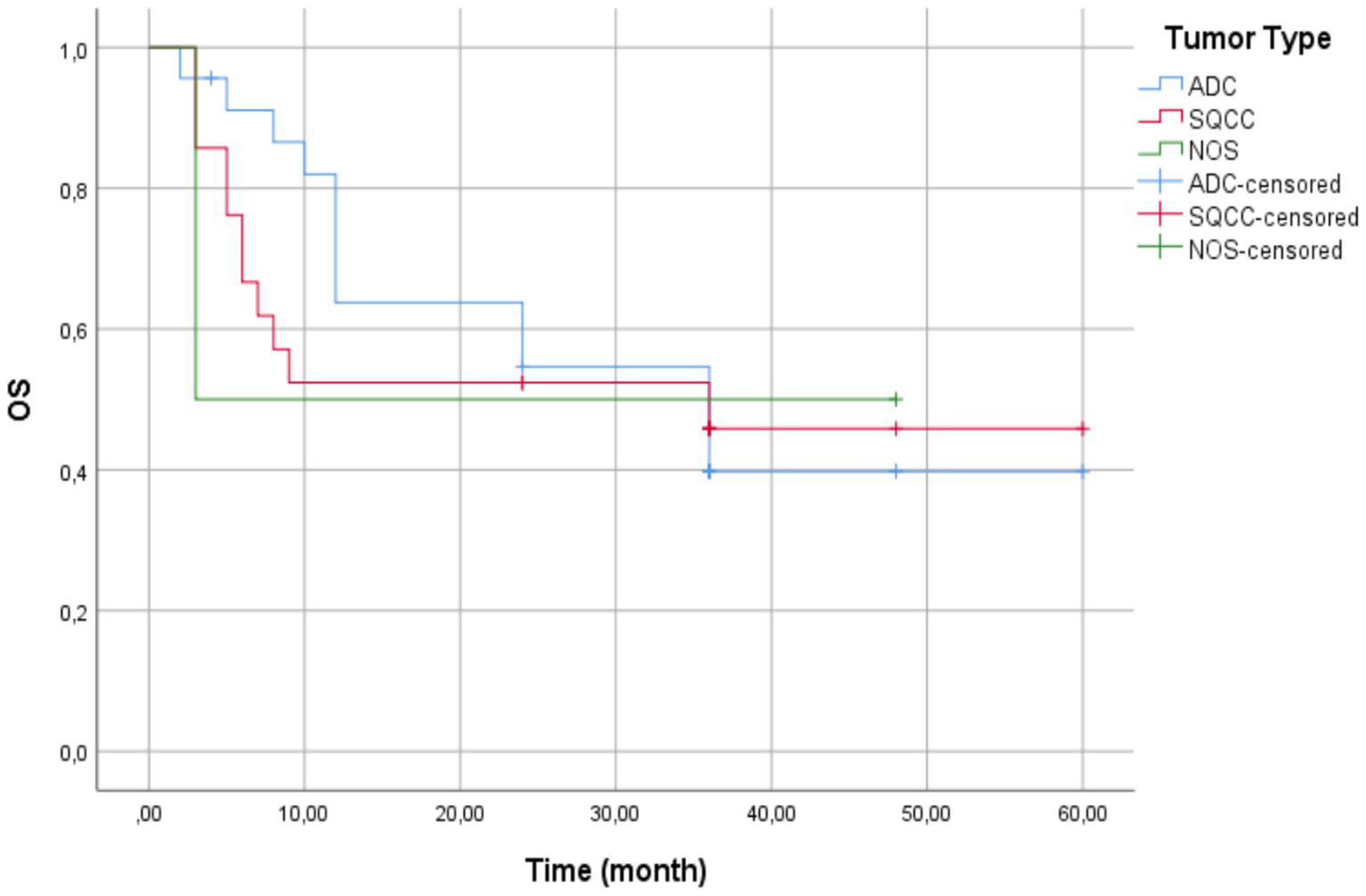Kaplan-Meier survival curve showing three tumor types: ADC, SQCC, and NOS, with respective survival probabilities over 60 months. Each line is marked for censored data points. The y-axis represents OS (Overall Survival), and the x-axis represents time in months. A legend indicates line colors: blue for ADC, red for SQCC, green for NOS, with crosses denoting censored data for each type.