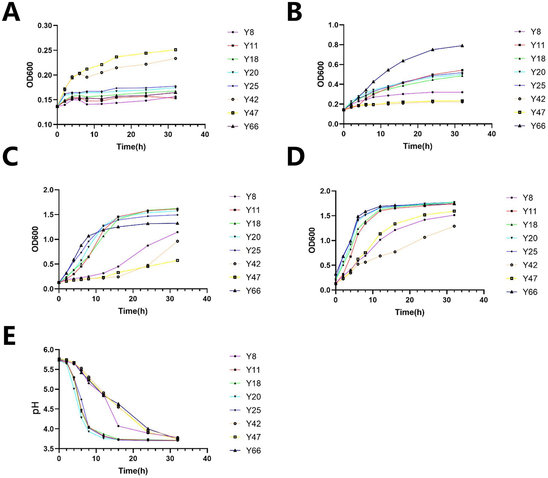 Five line graphs labeled A through E display bacterial growth and pH over time, with various strains identified by colored lines. Graphs A to D show OD600 readings, indicating growth rate, while graph E shows pH changes. Each graph has time in hours on the x-axis and either OD600 or pH on the y-axis. The legend on each graph identifies strain colors. Graphs A to D illustrate growth in different conditions, whereas graph E shows a decline in pH over the same time period.