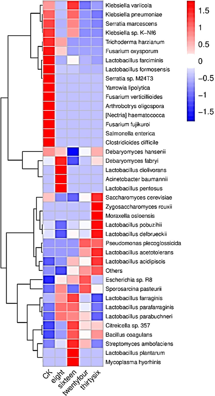 Heatmap showing species clustering with a color scale from red (1.5) to blue (-1.5). Species names are listed on the right. The horizontal axis includes labels: CK, eight, sixteen, twentyfour, thirtysix.