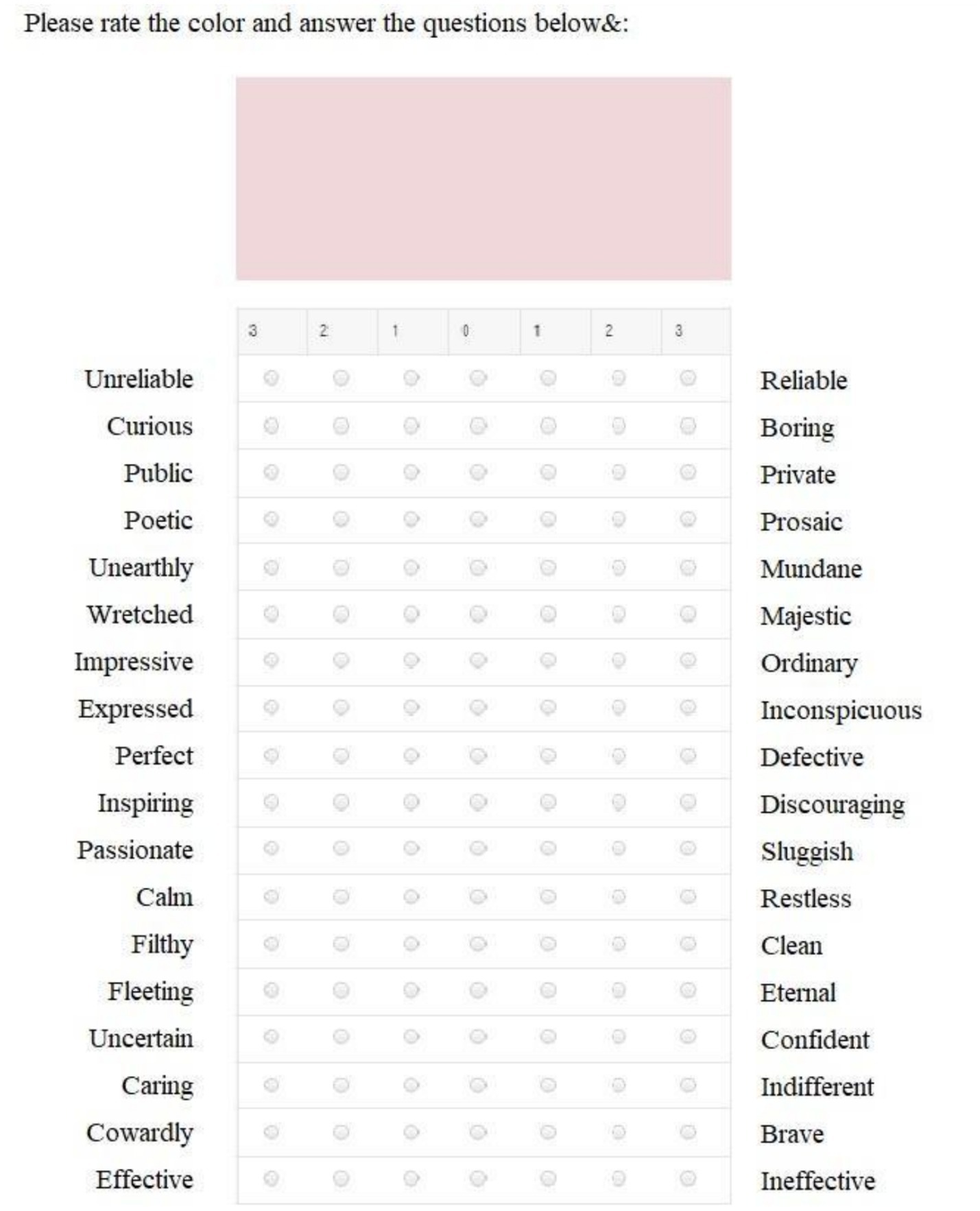 A color rating survey featuring a pink rectangle at the top followed by a list of adjectives on both sides. Each adjective on the left is paired with an opposing adjective on the right. A Likert scale ranging from negative three to positive three is provided for each pair to assess the color.