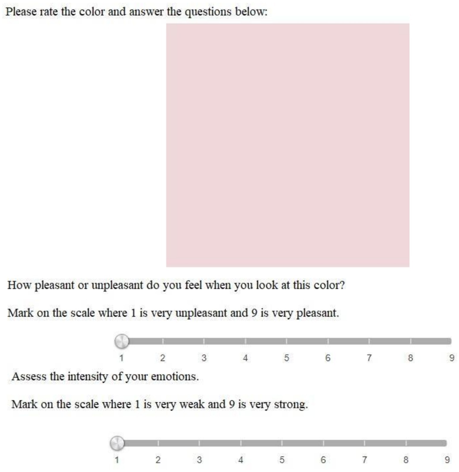 A pale pink color swatch with two rating scales below. The first scale assesses pleasantness, where one is very unpleasant and nine is very pleasant. The second scale evaluates the intensity of emotions, where one is very weak and nine is very strong.