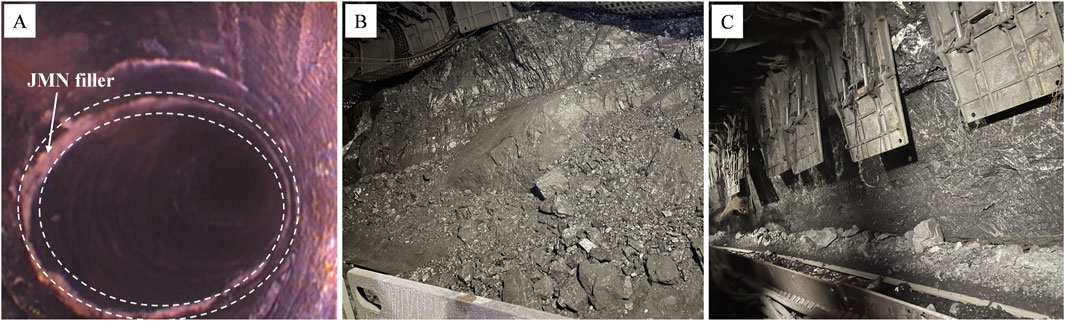 Panel A shows a close-up of the interior of a borehole camera, labeled with JMN filler. Panel B depicts coal wall spalling in the working face. Panel C shows the coal wall after treatment, showing a smooth surface.
