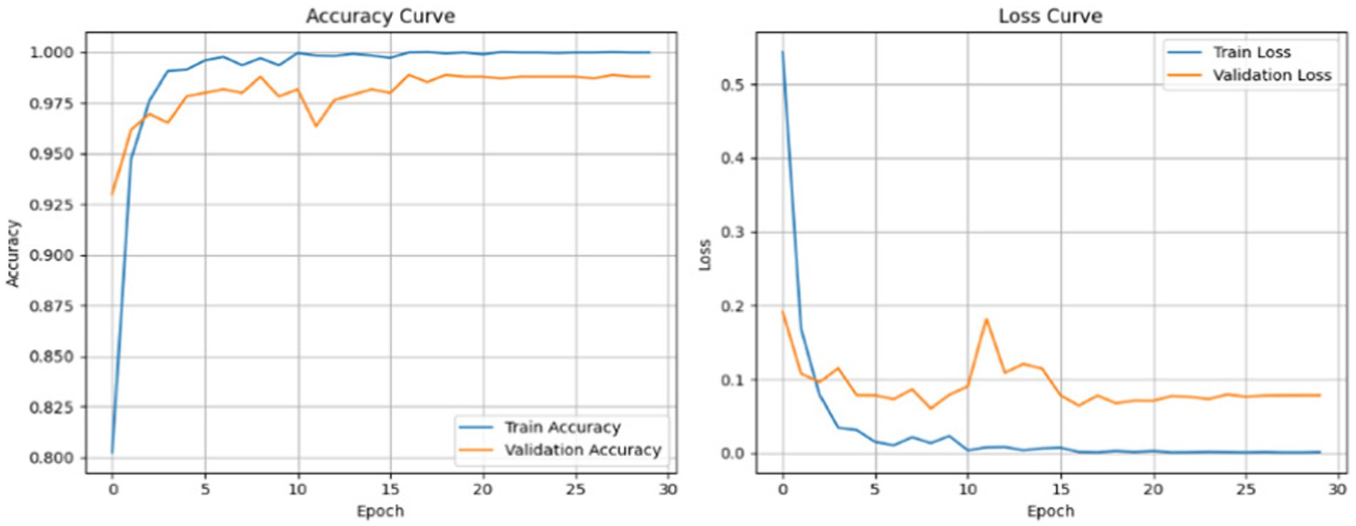 Two line graphs display training results over epochs. The left graph shows accuracy curves, with both training and validation accuracy starting low and increasing, stabilizing around 0.98. The right graph shows loss curves, with training and validation loss starting high and decreasing, stabilizing below 0.1. Legends identify lines for training and validation data.