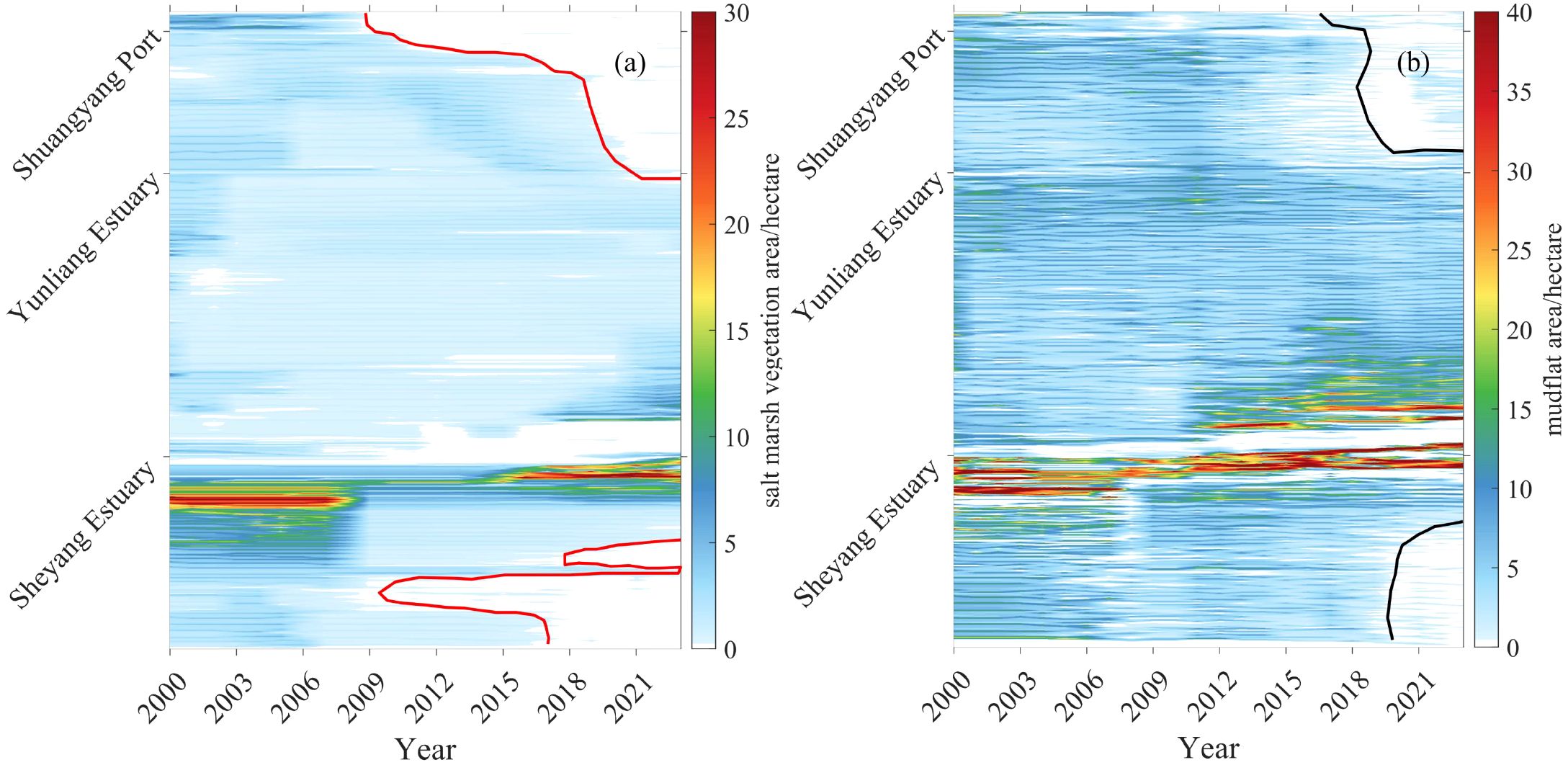 Two panels display the temporal changes in salt marsh vegetation area and mudflat area along the Sheyang coast. Panel (a) depicts salt marsh vegetation changes from 2000 to 2021 in the Sheyang coastal region (Shuangyang Port to Sheyang River Estuary), using a color gradient from blue to red to represent values. A solid red line indicates the salt marsh vegetation disappearance boundary. Panel (b) shows mudflat area changes during the same period, also using a blue-to-red gradient. A solid black line marks the mudflat disappearance boundary.
