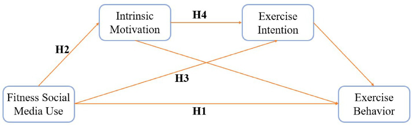 Diagram showing the relationship between four concepts: Fitness Social Media Use, Intrinsic Motivation, Exercise Intention, and Exercise Behavior. Arrows indicate the hypothesized interactions H1 to H4. The note below explains each hypothesis path, showing how fitness social media use influences exercise behavior directly and indirectly through intrinsic motivation and exercise intention.