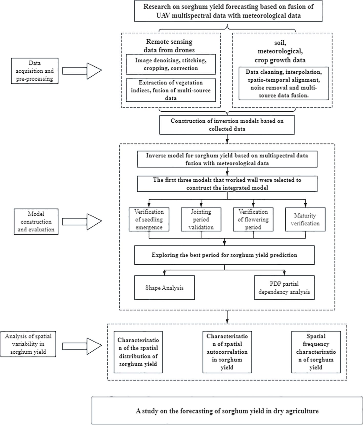 Flowchart depicting research on sorghum yield forecasting using UAV multispectral and meteorological data. It includes three main phases: data acquisition and pre-processing, model construction and evaluation, and analysis of spatial variability. Data processing involves remote sensing and soil data integration. The model evaluates sorghum yield at various growth stages and explores the best prediction periods through shape and dependency analyses. The final phase analyzes spatial distribution, autocorrelation, and frequency properties of sorghum yield.