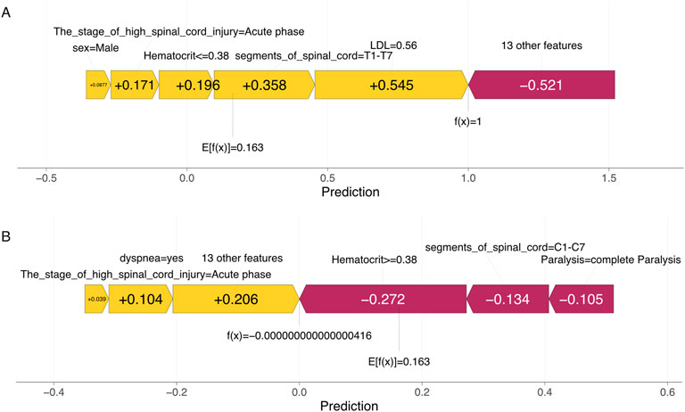 Bar graphs labeled A and B display predictive models for spinal cord injury outcomes. Graph A shows a positive prediction score with factors like acute injury phase, hematocrit ≤0.38, and spinal segments T1-T7. Graph B indicates a near-zero prediction score influenced by dyspnea, hematocrit ≥0.38, and segments C1-C7 with complete paralysis. Each bar reflects different feature contributions to the prediction.