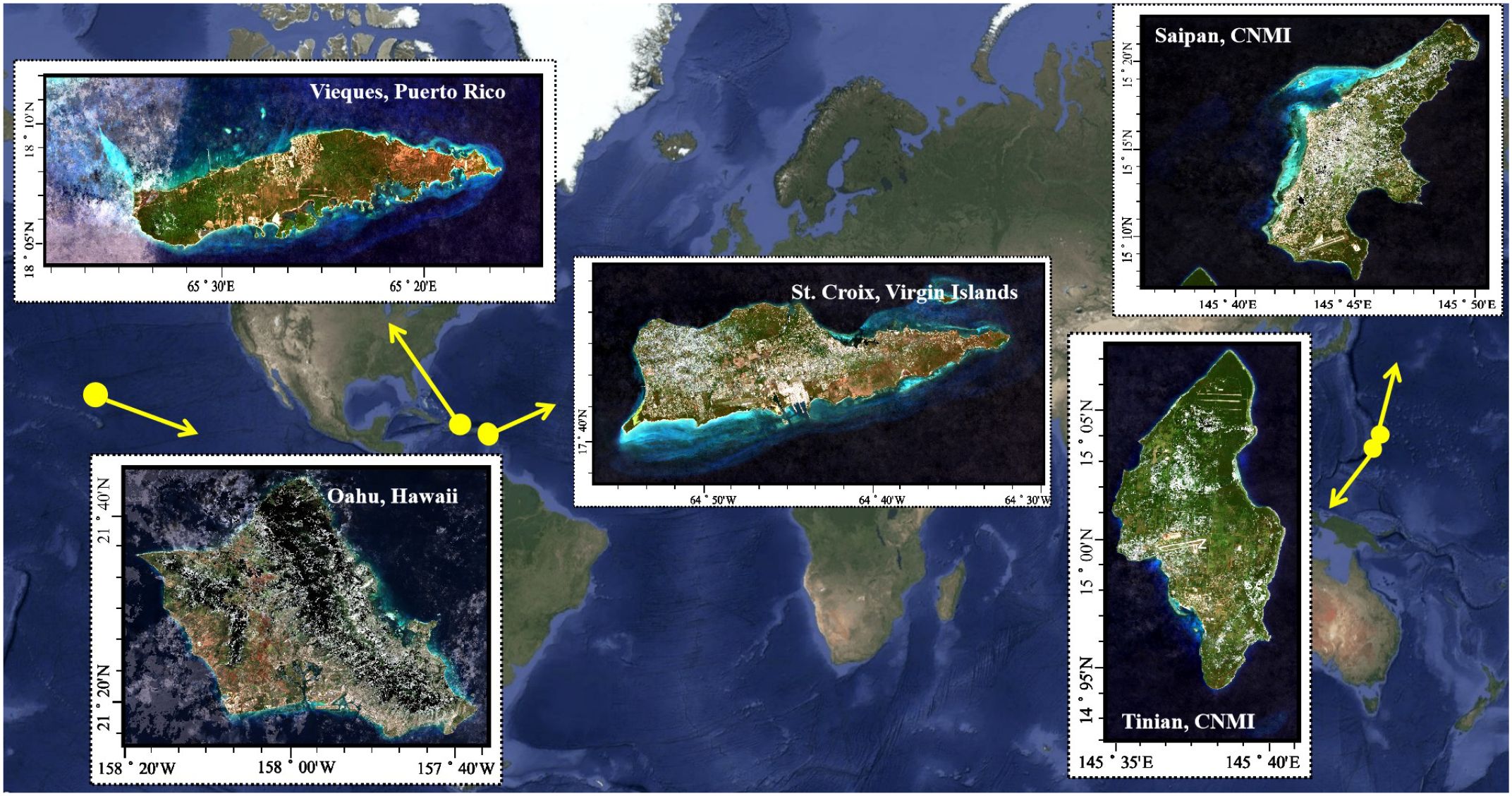 Satellite map showing islands with close-up insets: Vieques, Puerto Rico; St. Croix, Virgin Islands; Oahu, Hawaii; Saipan, CNMI; and Tinian, CNMI. Yellow arrows indicate their locations on a world map.