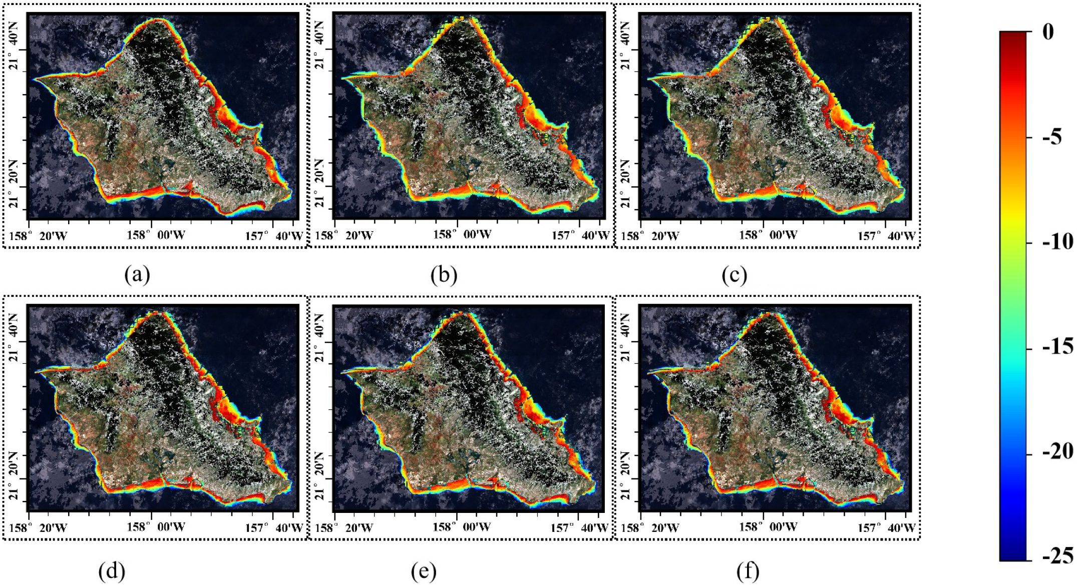 Series of six satellite images labeled (a) to (f) depicting the island of Oʻahu, Hawaii, with colored contour lines indicating coastal changes. A vertical color scale on the right ranges from red at zero to blue at negative twenty-five.