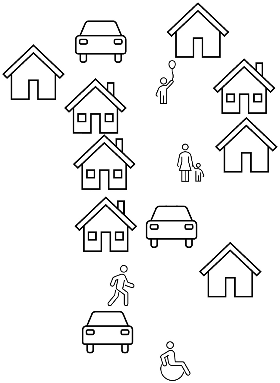 Outline illustrations showing various houses, cars, and people in different activities. There are no clearly defined streets, and people and cars move between the houses. Includes walking figures, a child with a balloon, a wheelchair user, and child-adult pairs.