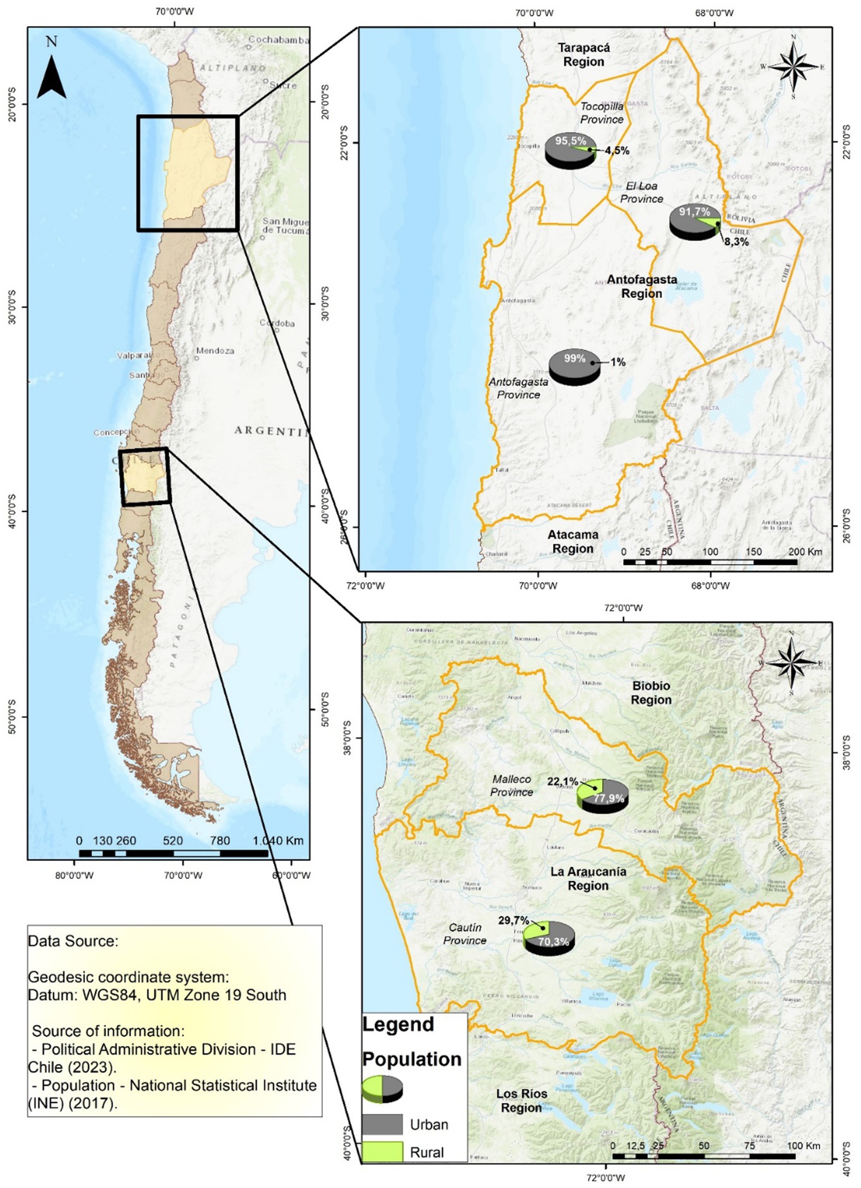 Map of Chile highlighting regions in the north and south. Insets show Tarapacá and Antofagasta Regions in the north, and La Araucanía Region in the south, with orange boundaries. Pie charts indicate urban and rural population percentages: Tarapacá Region has 95.5% urban in Tocopilla Province and 91.7% urban in El Loa Province; Antofagasta Region is 99% urban. In the south, La Araucanía Region shows 77.9% urban in Malleco Province and 70.3% urban in Cautín Province. A legend differentiates urban and rural colors. Data sources: IDE Chile (2023) and INE (2017).