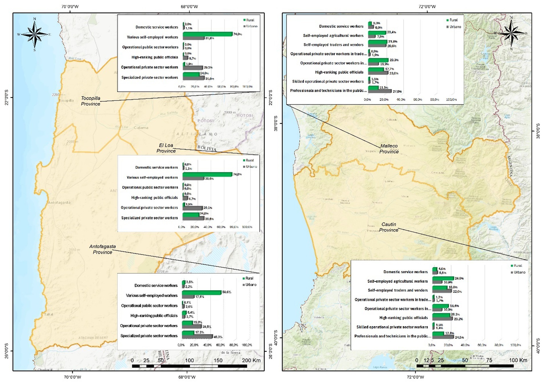 Two maps of northern and south-central Chile display labor demographics by province, featuring Tocopilla, El Loa, Antofagasta, Malleco, and Cautin. Insets show bar charts comparing rural and urban employment across various sectors, highlighting domestic service, self-employed, public, and private sector workers.