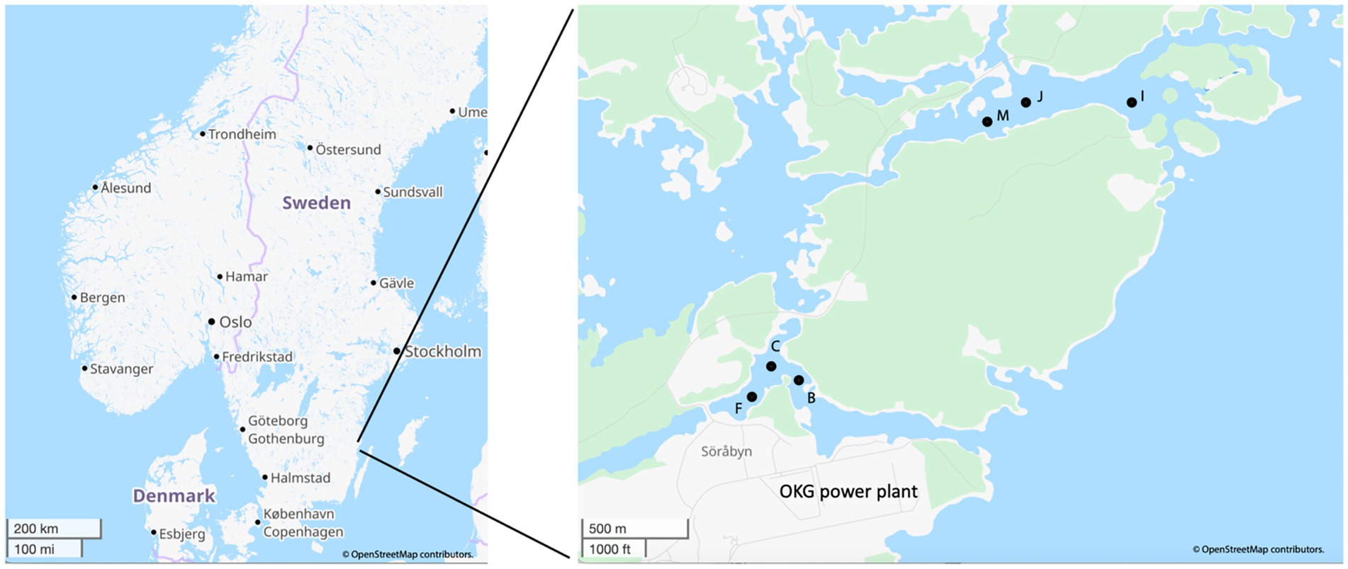 Map showing a section of Sweden with zoomed-in section highlights the OKG power plant area near Oskarshamn, with labeled points I, J, M, C, B, F along the coast.