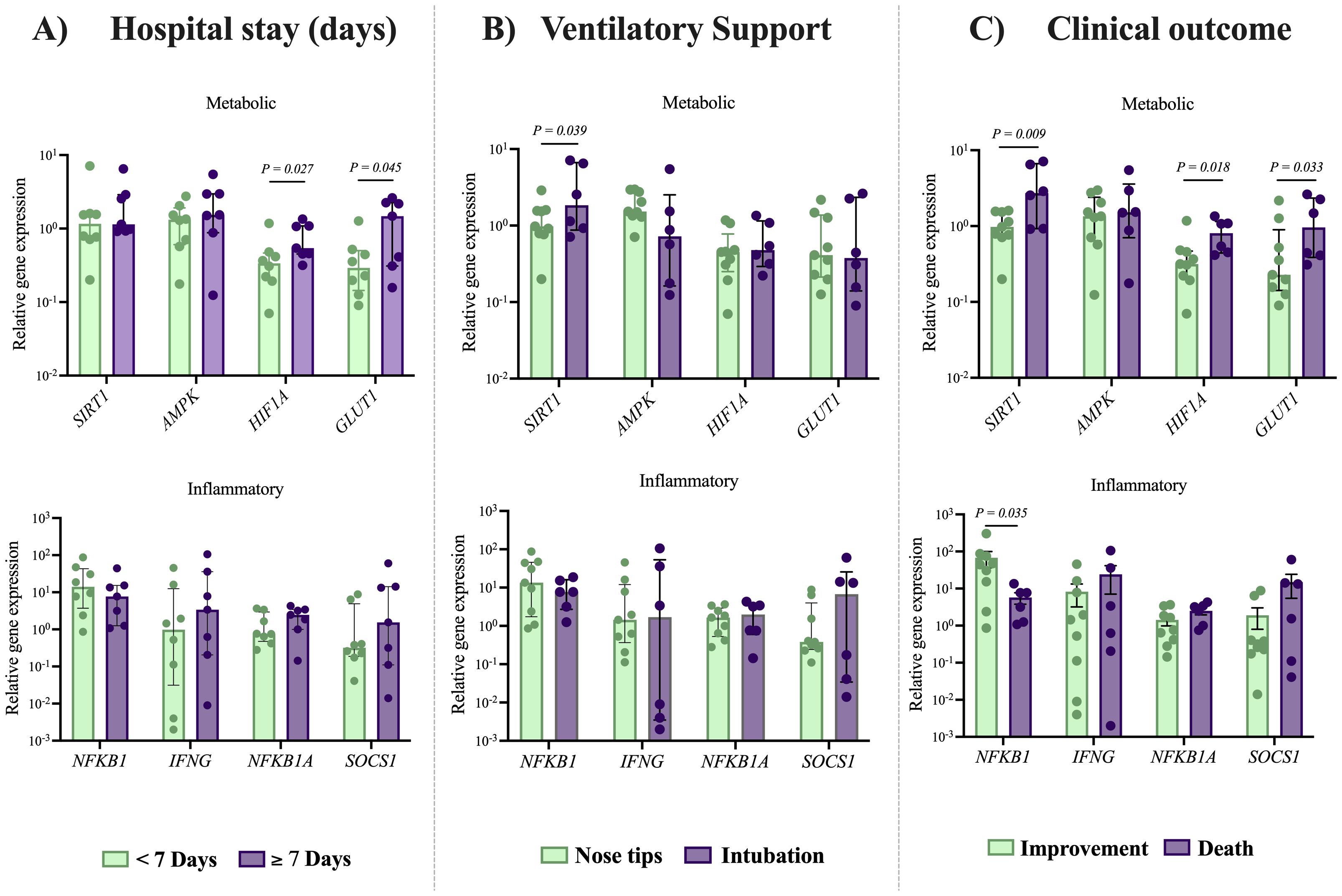 Bar charts illustrating relative gene expression in metabolic and inflammatory categories across three clinical contexts: A) Hospital stay, B) Ventilatory support, and C) Clinical outcome. Each category shows comparisons between groups, marked by significant p-values. Green bars represent shorter hospital stays, nose tips use, and improvement, while purple bars indicate longer stays, intubation, and death. Data points are plotted with error bars indicating variability.
