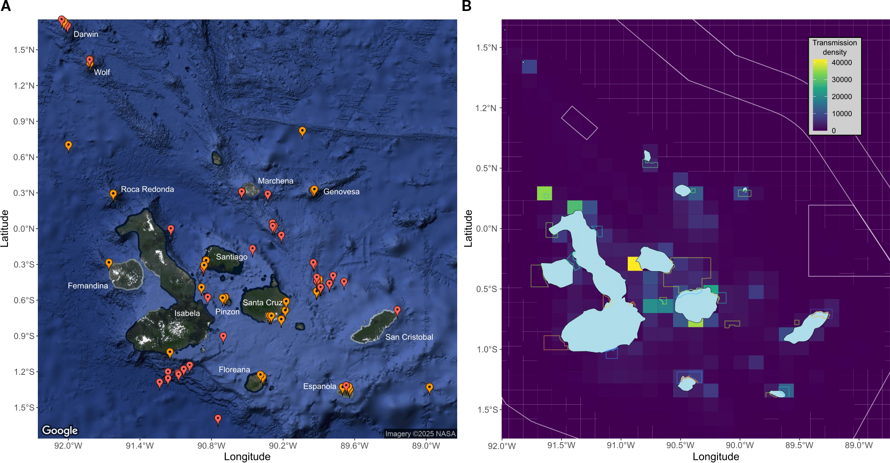 Two-panel image showing maps. The left panel is a geographical map of the Galápagos Islands with spatial locations of longlines, marked with colored points. The right panel is a heat map overlaying the same region, showing transmission density with a color gradient from purple (low) to yellow (high). A gradient scale is provided in the top right, indicating values from zero to forty thousand.