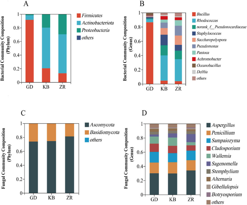 Bar charts labeled A to D show microbial community compositions across three groups, GD, KB, and ZR. Chart A shows bacterial composition by phylum, with Firmicutes, Actinobacteriota, Proteobacteria, and others. Chart B details bacterial genus composition, including Bacillus and Pseudomonas. Chart C presents fungal composition by phylum, featuring Ascomycota and Basidiomycota. Chart D shows fungal genus composition, including Aspergillus and Penicillium. Each chart uses different colors to represent specific taxa proportions.