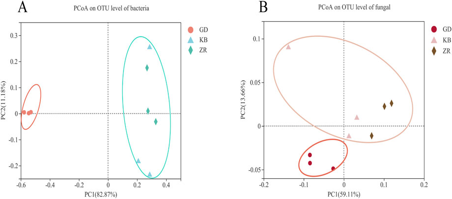 Panel A shows a PCoA plot of bacterial OTU levels with three groups: GD (red circles), KB (blue triangles), and ZR (green diamonds). Panel B displays a PCoA plot of fungal OTU levels with groups GD (red circles), KB (pink triangles), and ZR (brown diamonds). Each plot includes axis labels indicating the percentage of variation explained.