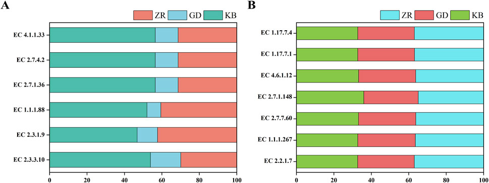 Two horizontal bar charts labeled A and B display enzyme activity data. Chart A shows six enzyme codes with bars divided into sections representing ZR (red), GD (blue), and KB (green). Chart B shows six different enzyme codes with sections also representing ZR (blue), GD (red), and KB (green). Each bar represents percentages from zero to one hundred.