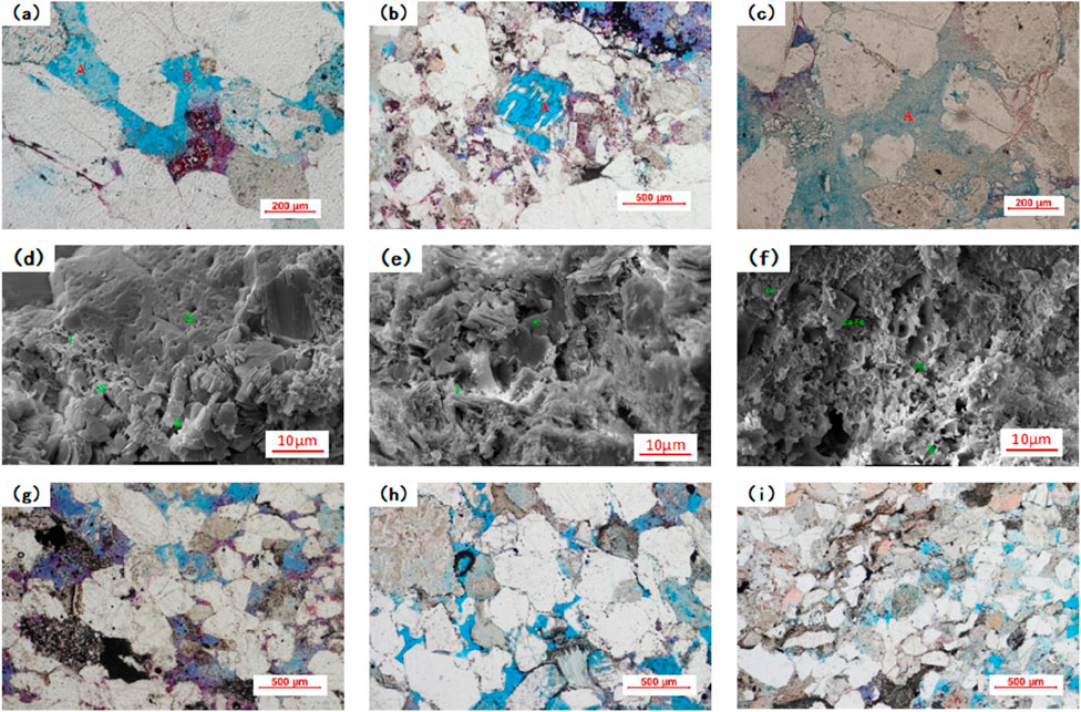 Nine microscopic images depict various geological compositions. Images (a), (b), and (c) show colored mineral structures with labels