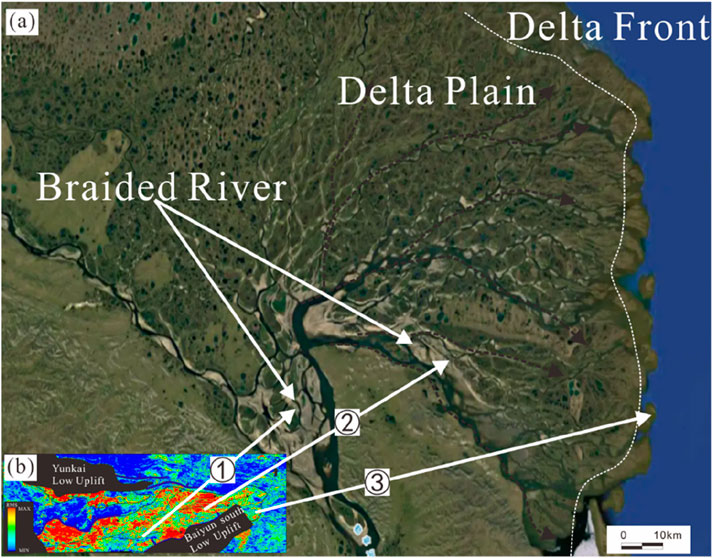 Satellite image depicting a landform with a braided river system and delta plain leading to a delta front at the coastline. Inset map shows subsurface uplift regions in vibrant colors marked as Yunkai and Baiyun south low uplift areas. Dashed lines and arrows indicate key geographical transitions. Scale bar denotes 10 kilometers.