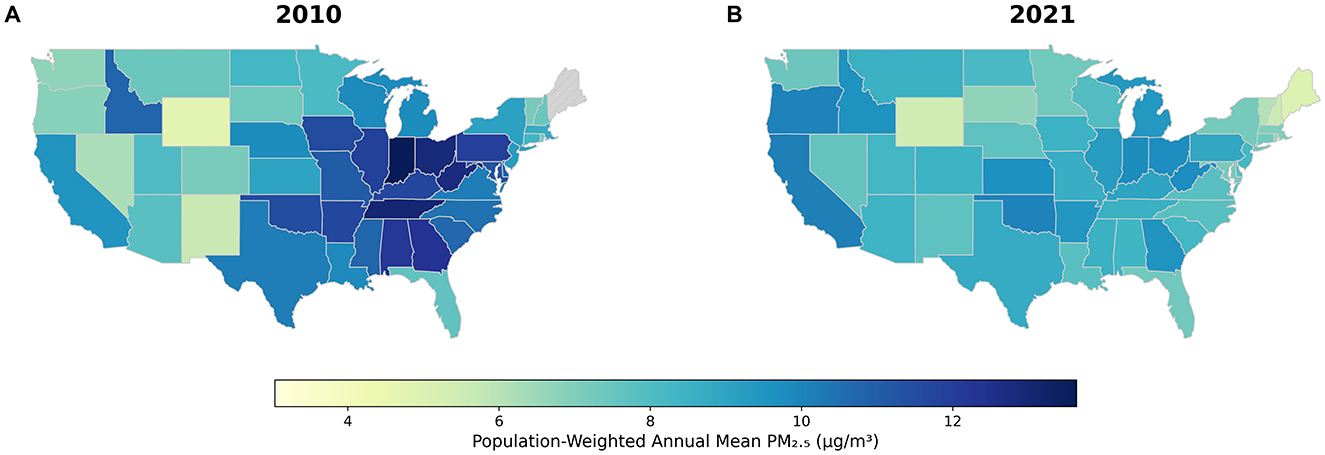 Maps of the United States comparing population-weighted annual mean PM2.5 levels in 2010 and 2021. Darker blue indicates higher pollution levels. The 2010 map shows more regions with darker shades, especially in the eastern U.S., compared to 2021, which exhibits lighter shades overall, indicating reduced pollution levels. A color gradient bar below ranges from yellow (lower pollution) to dark blue (higher pollution).