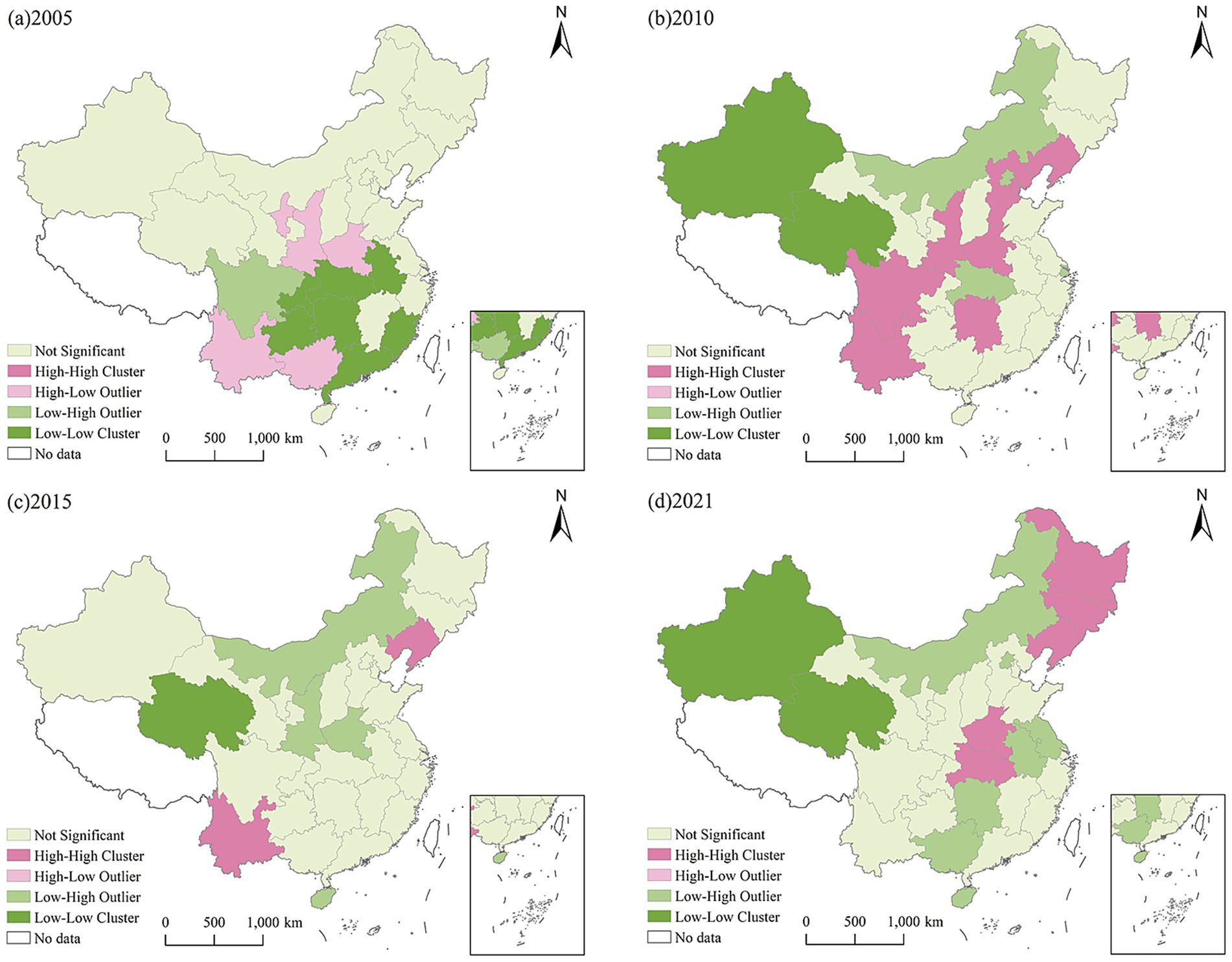 Four maps of China from 2005, 2010, 2015, and 2021 depict spatial analysis using color-coded regions. Categories include