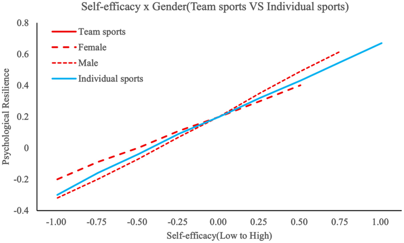 Line graph titled “Self-efficacy x Gender (Team sports vs Individual sports)” showing the relationship between self-efficacy and psychological resilience. The x-axis represents self-efficacy from low to high, and the y-axis represents psychological resilience. Four lines indicate trends: red solid for team sports, blue solid for individual sports, red dashed for females, and red dotted for males. All lines show a positive correlation, with trends slightly differing between sports types and genders.