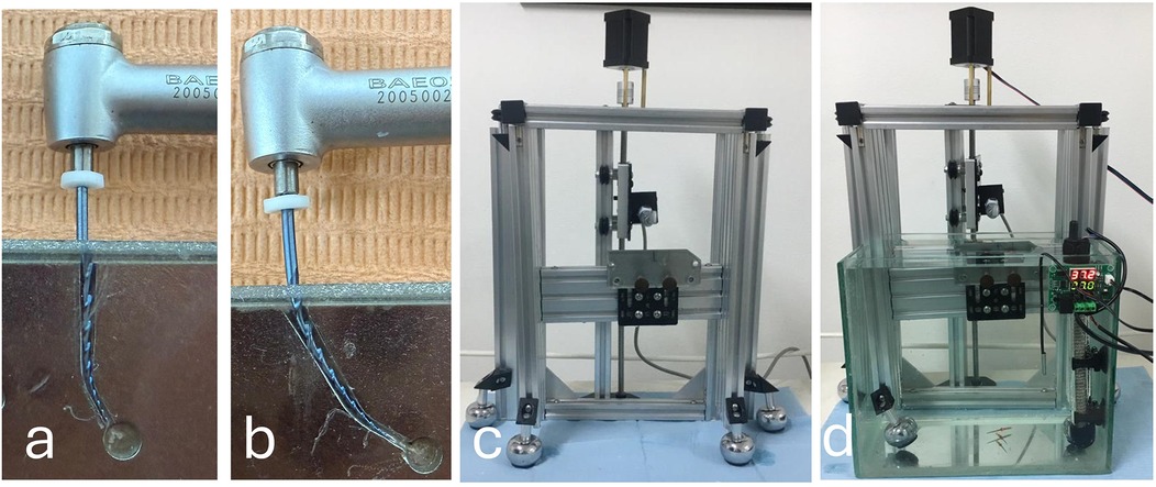 Four images labeled a to d. Image a and b show close-ups of liquid dripping from a metallic instrument with a coiled wire beneath. Image c presents a mechanical frame with adjustable components. Image d depicts the same frame submerged in water, with digital meters on the side displaying numbers.