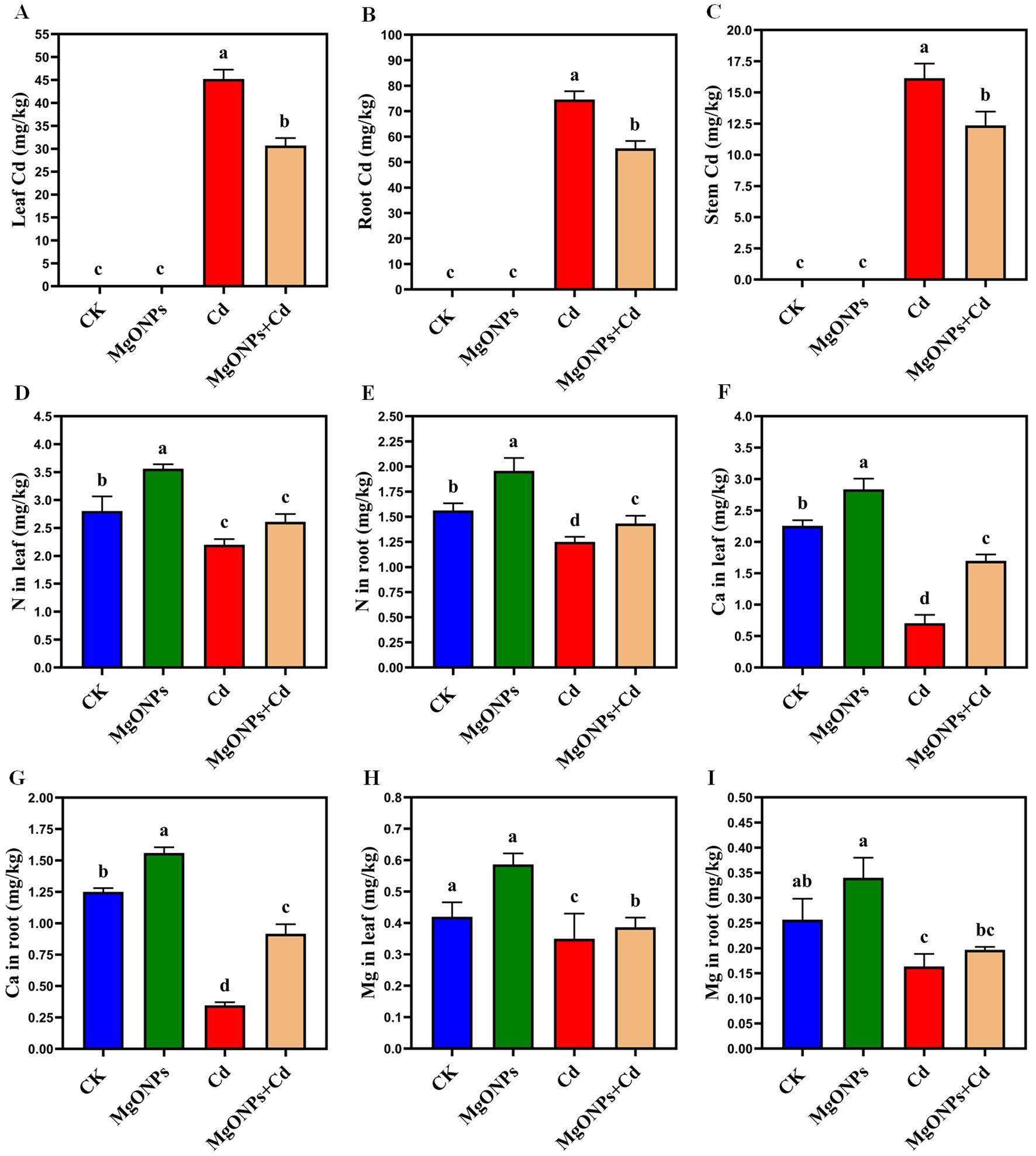 Bar graphs labeled A to I display various plant element concentrations under treatments: CK, MgONPs, Cd, and MgONPs+Cd. Graphs A to C show Cd levels in leaf, root, and stem, respectively, with the highest in the Cd group. Graphs D to F illustrate nitrogen and calcium levels in leaf and root, with varying trends. Graphs G to I depict calcium and magnesium levels. Magnesium is highest in MgONPs treatment. Each graph uses different colors for treatments, showing significant differences with letters above bars.