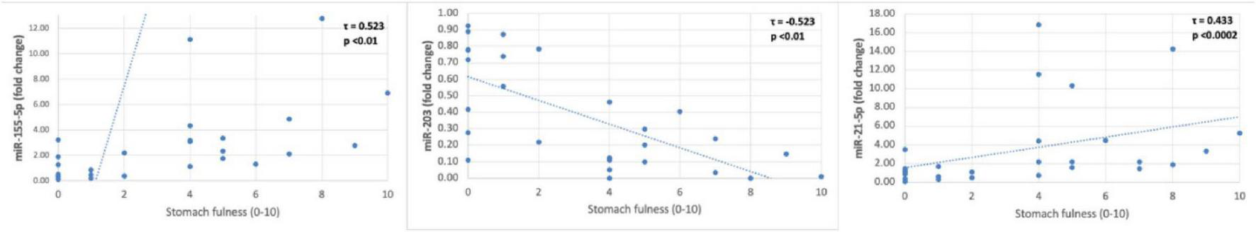“Three scatter plots show the relationship between stomach fullness (0-10) and miRNA fold change. 1. miR-155-5p: Positive correlation with r = 0.523 and p < 0.01. 2. miR-339: Negative correlation with r = -0.523 and p < 0.01. 3. miR-21-5p: Positive correlation with r = 0.633 and p < 0.0002. Each plot shows data points and a trend line.”